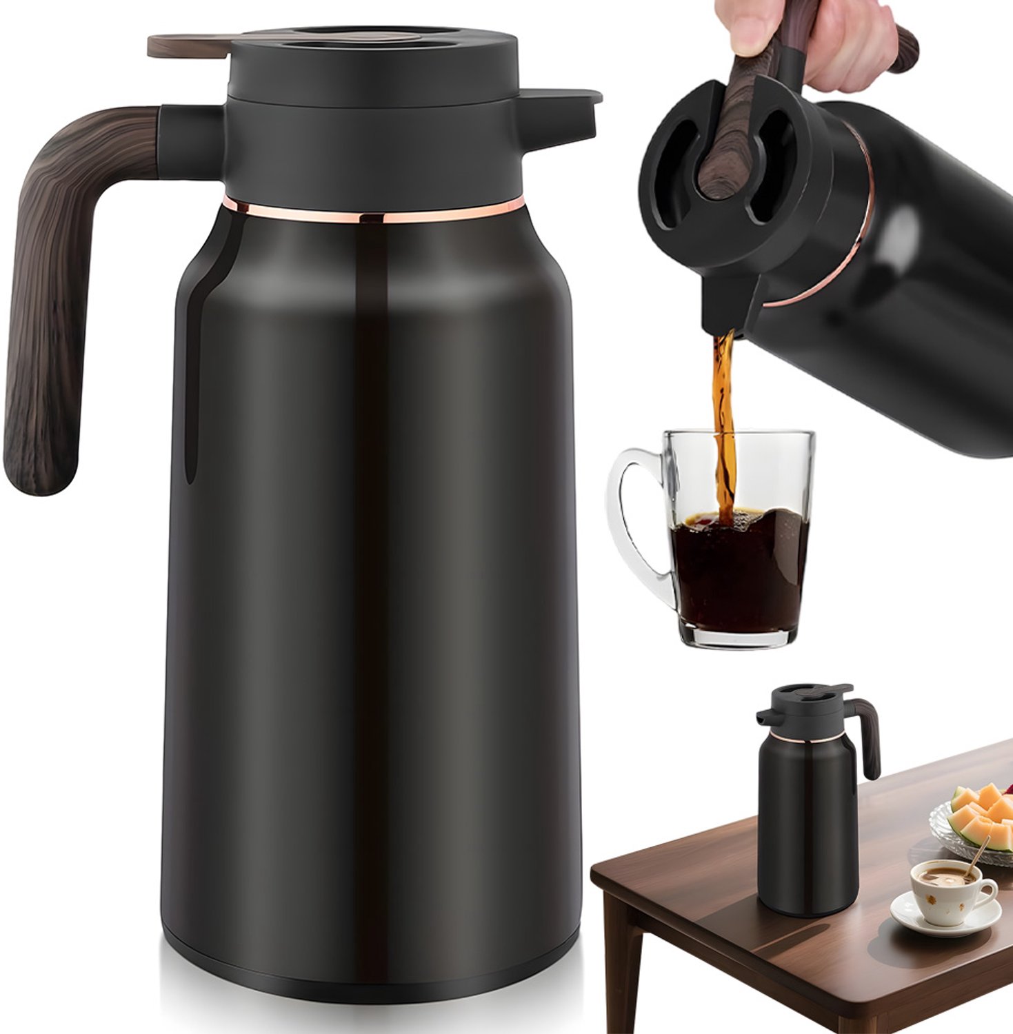 Thermoskan 2L - Dubbelwandige Isoleerkan - Vacuümfles - 304 RVS - Drukdop - Lekvrije Siliconen Afdichtingsring - Warm & Koud - BPA-vrij - Koffiekan & Theepot - Voor Thuis & Kantoor & Reis - Zwart