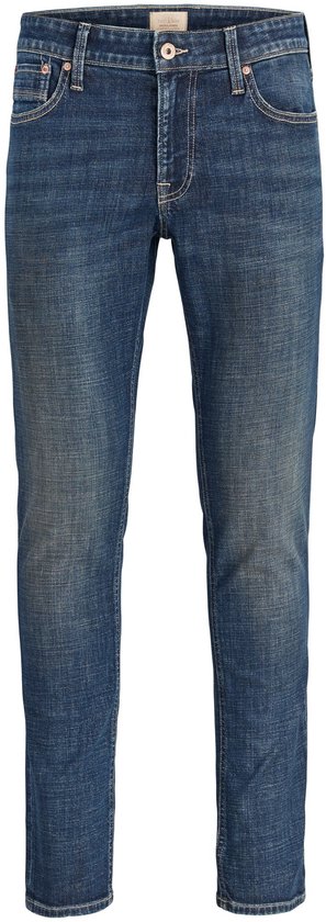 Blauwe slim-fit jeans met een vintage wassing, vijf zakken en een koperen knoopsluiting.