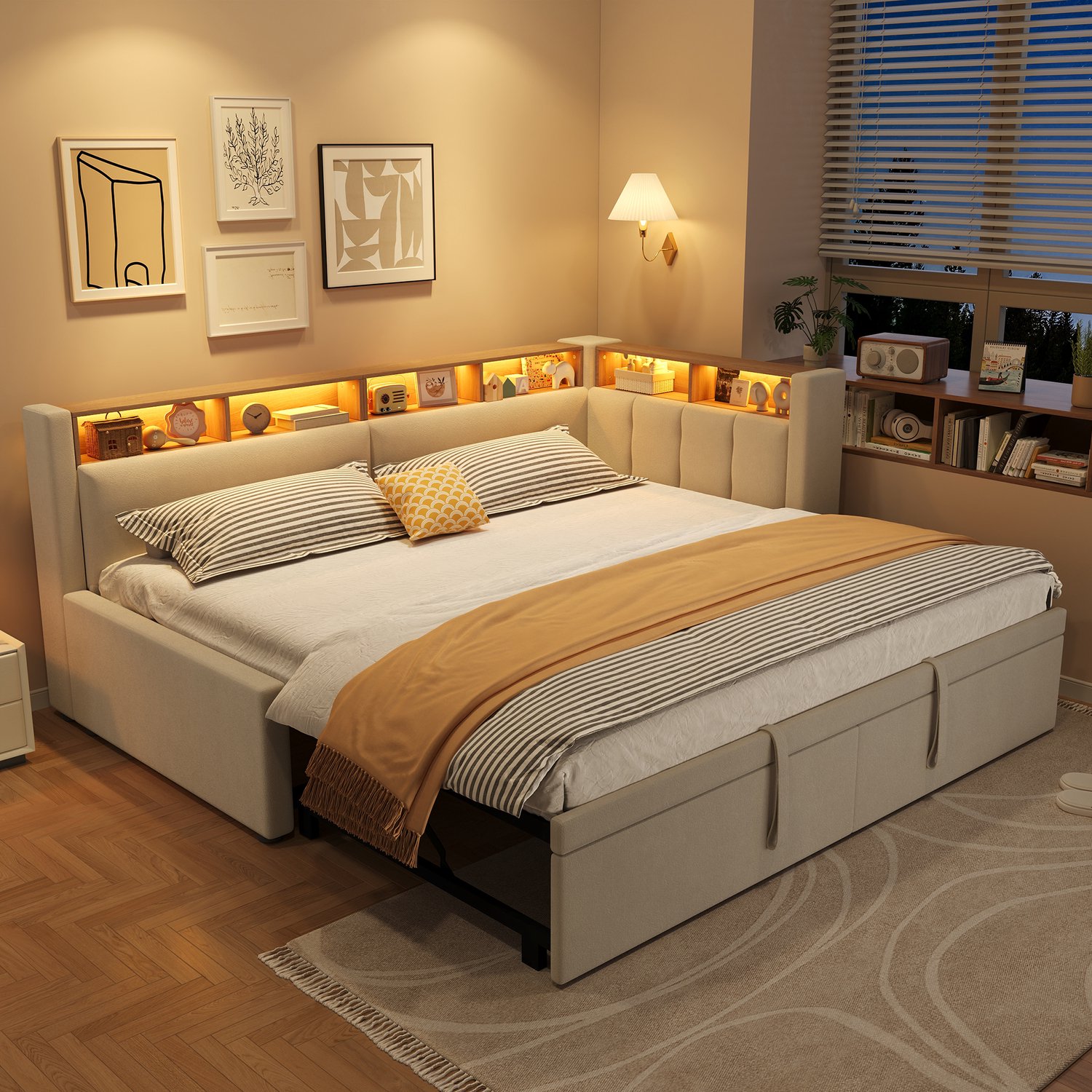 Zubaliya Dagbed - 90 x 200 / 180 x 200 cm - Beige - linnen - LED-verlichting - Uitschuifbaar - Opbergruimte