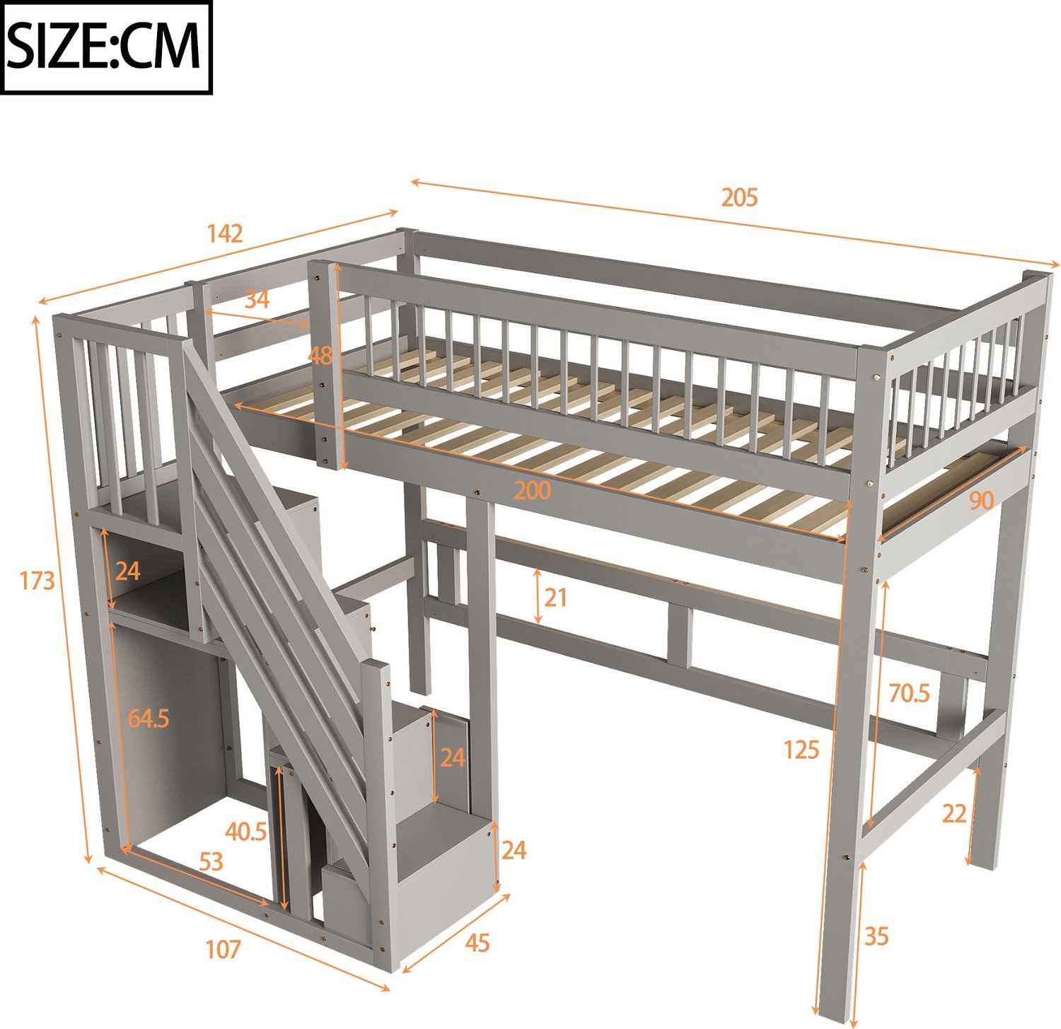 Zubaliya Bedframe - 90 x 200 cm - Grijs - hout