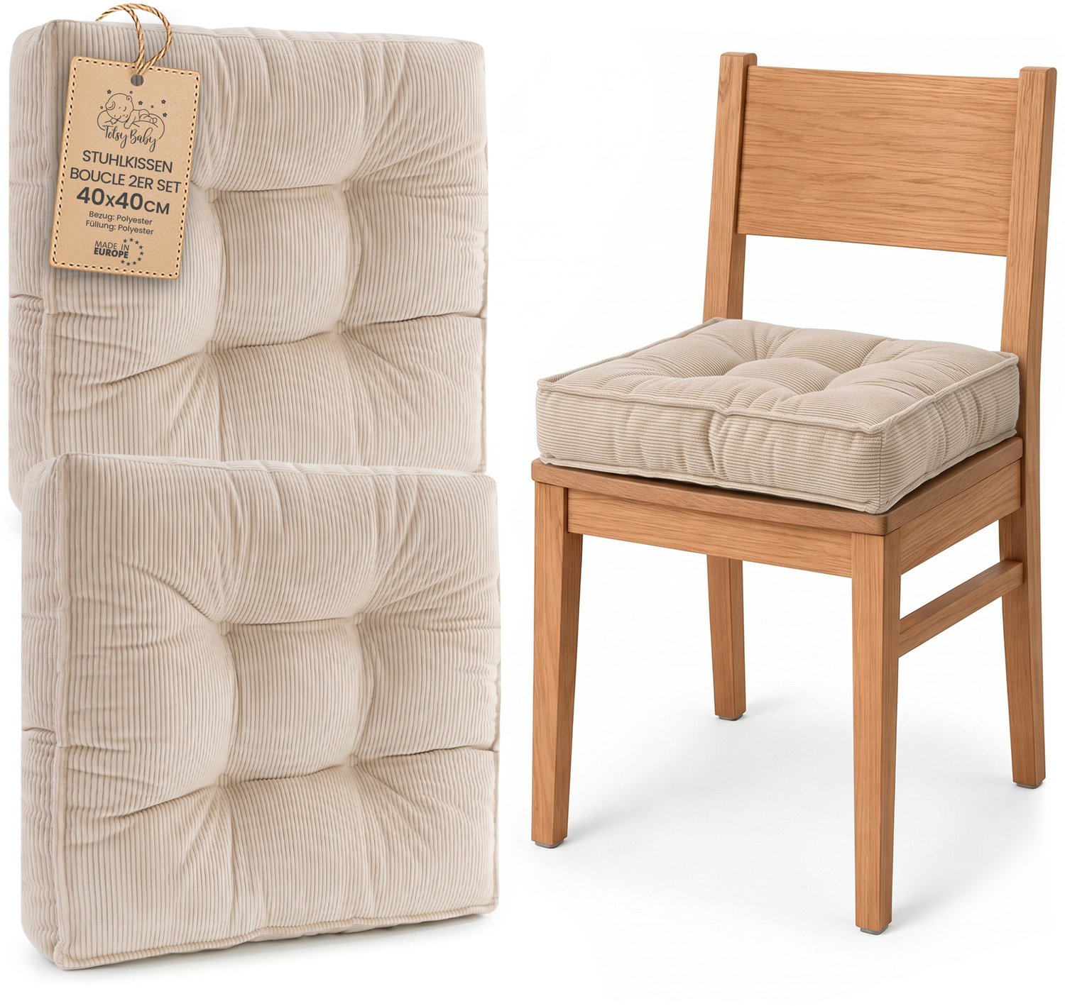 Amazinggirl Zitkussen voor Eetkamerstoel en Keukenstoel Vierkant Zacht Beige Corduroy (2 stuks)