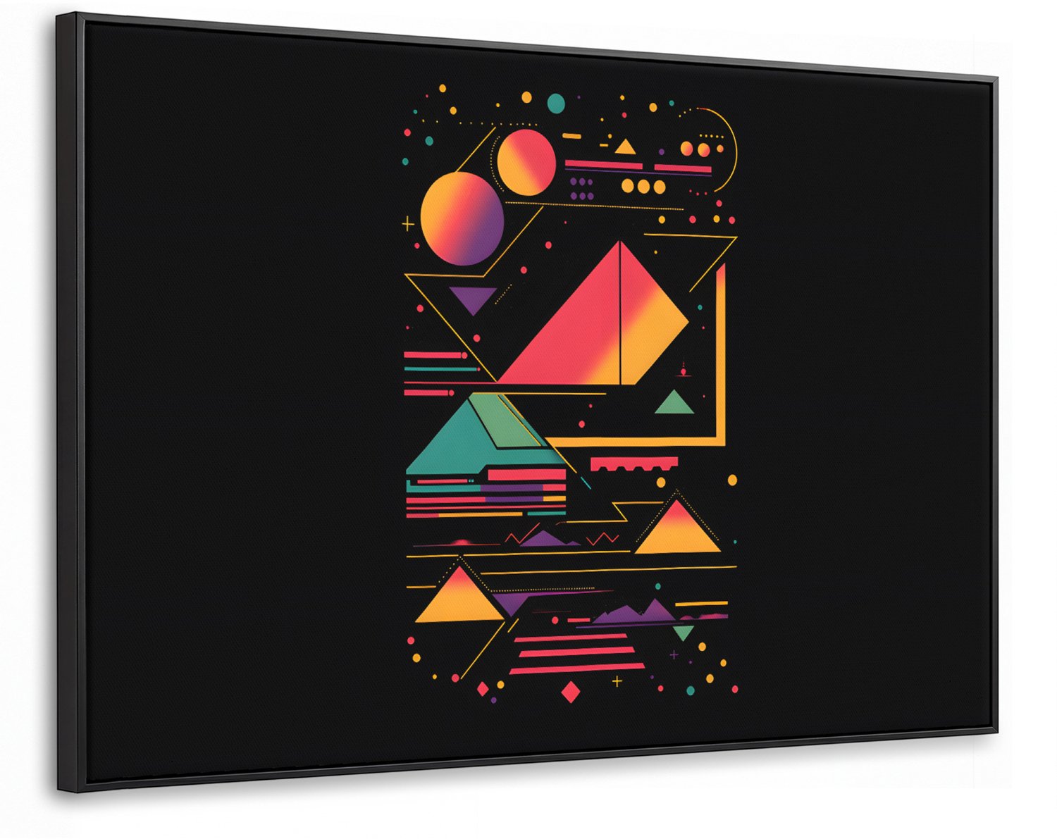 Canvas Schilderij met Baklijst 90x60cm - Piramides - Cirkels - Neonkleuren - Geometrisch - Muurdecoratie woonkamer - Slaapkamer decoratie - Kamer accessoires - Schilderijen op canvas met lijst