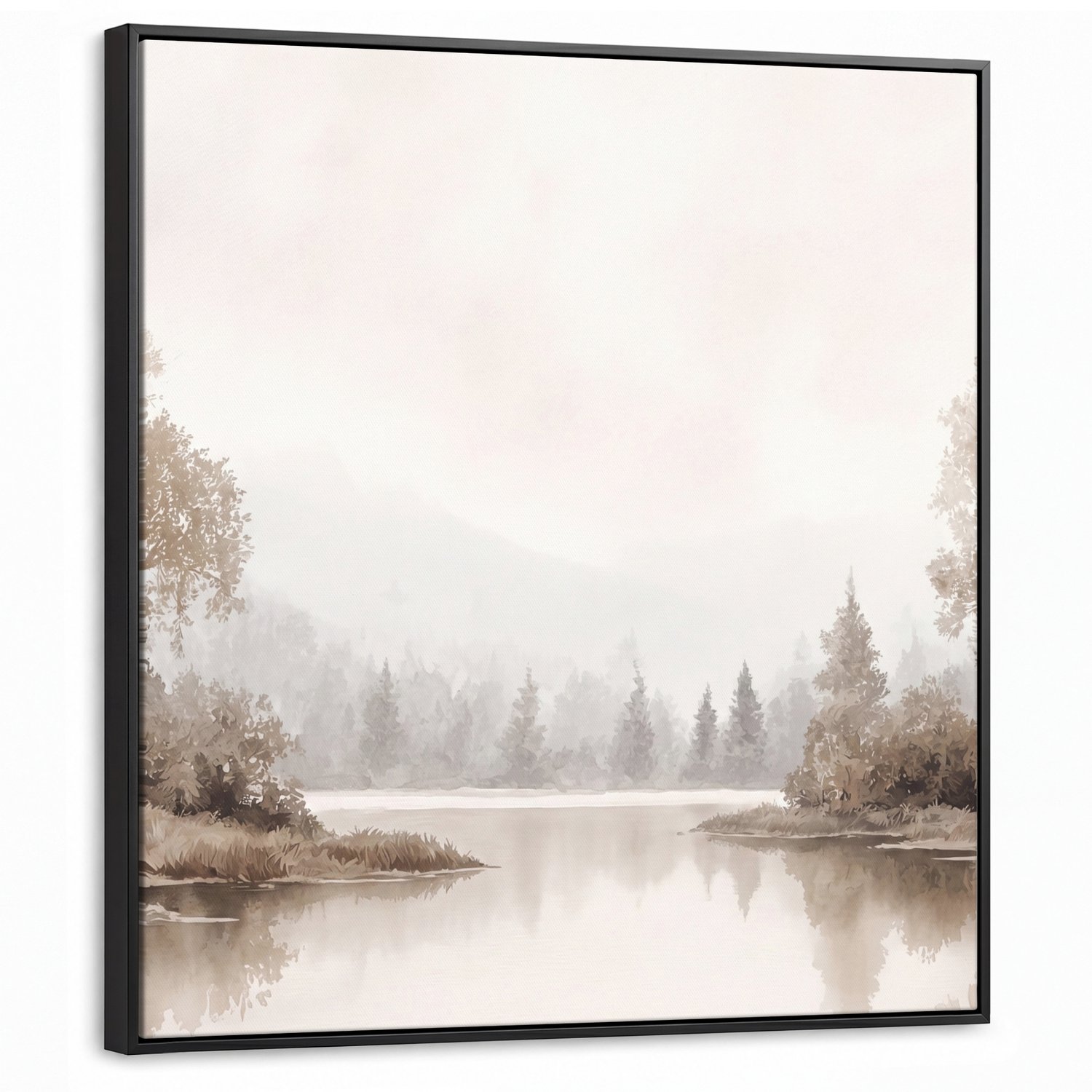 Canvas Schilderij met Baklijst 90x90cm - Rivierlandschap - Minimalistisch - Aardetinten - Muurdecoratie woonkamer - Slaapkamer decoratie - Kamer accessoires - Schilderijen op canvas met lijst