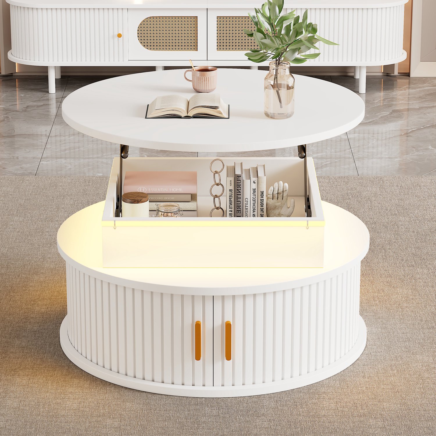 DantefHandels 75*75*52Cm salontafel in hoogte verstelbaar salontafel bijzettafel met led, ronder salontafel,Ein wit tafel met verstecktem opbergruimte, Hochglanztisch