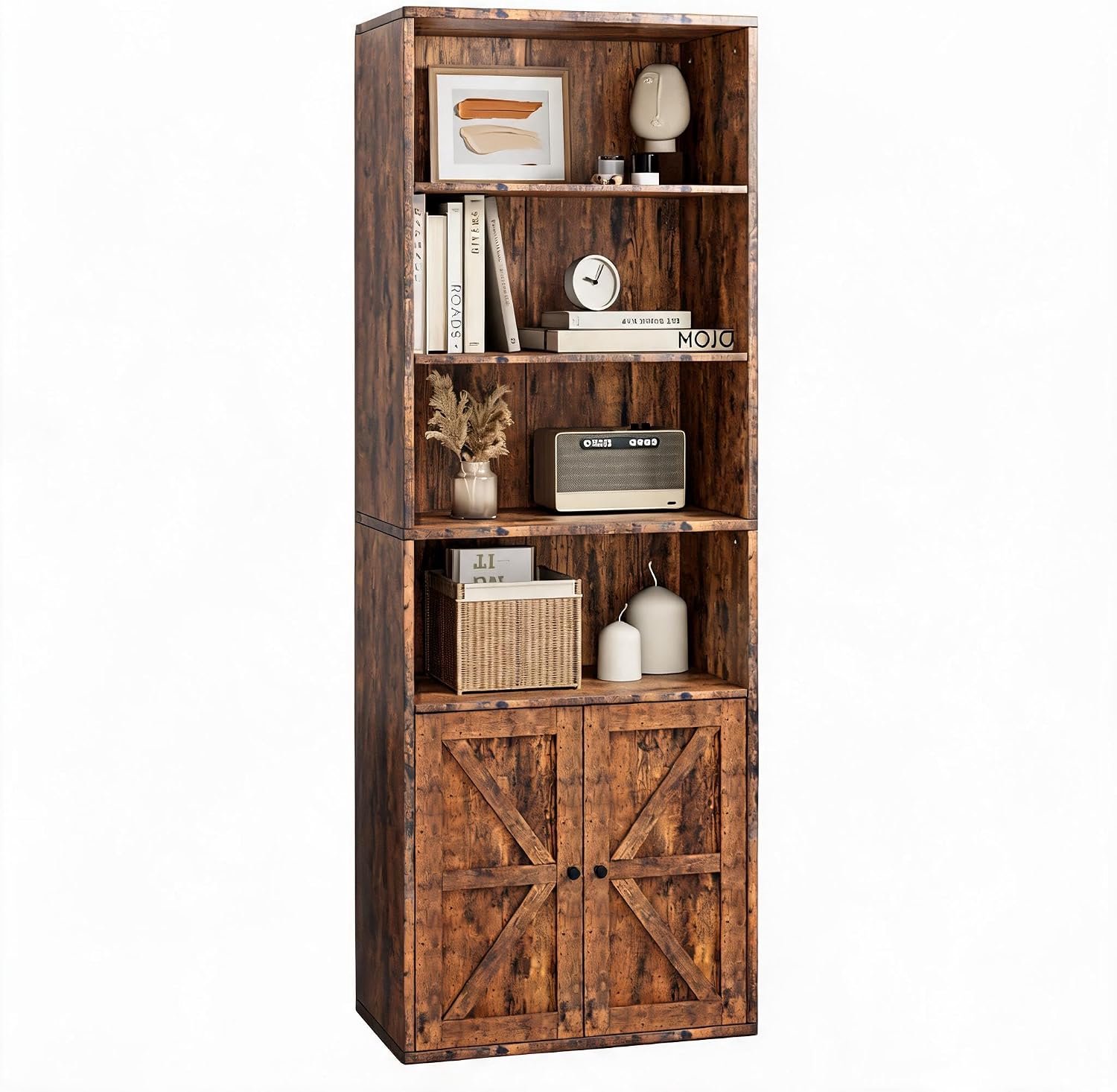 HOERFURIY Boekenkast in retro stijl, 181 x 30 cm, opbergmeubel voor kantoor woonkamer en slaapkamer bruin