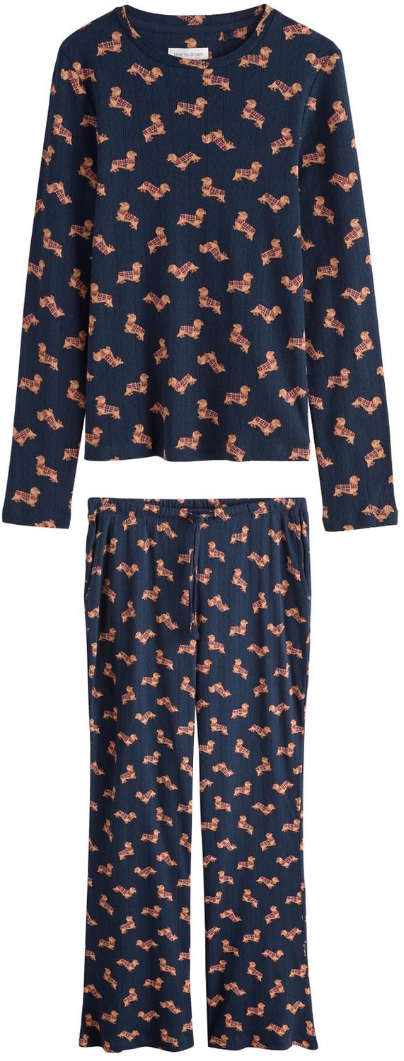 Next Dames - Ajourgebreide pyjama met lange mouwen en uitlopende pijpen - Tall - Blauw Navy Dachshund