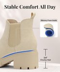 Beige Chelsea laars met 6,6 cm blokhak en memory foam binnenzool voor comfort.