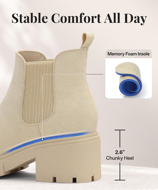 Beige Chelsea laars met 6,6 cm blokhak en memory foam binnenzool voor comfort.