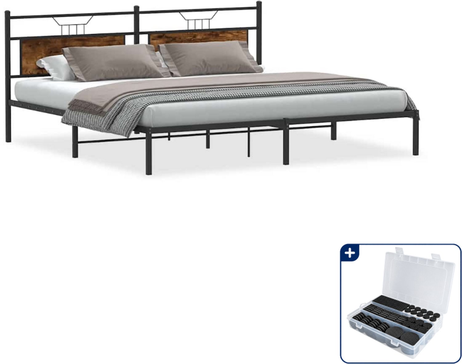 vidaXL bedframe - 193 x 203 cm - bewerkt hout en staal - gerookt eiken - Inclusief antikrasvilt 177-delig Bruin