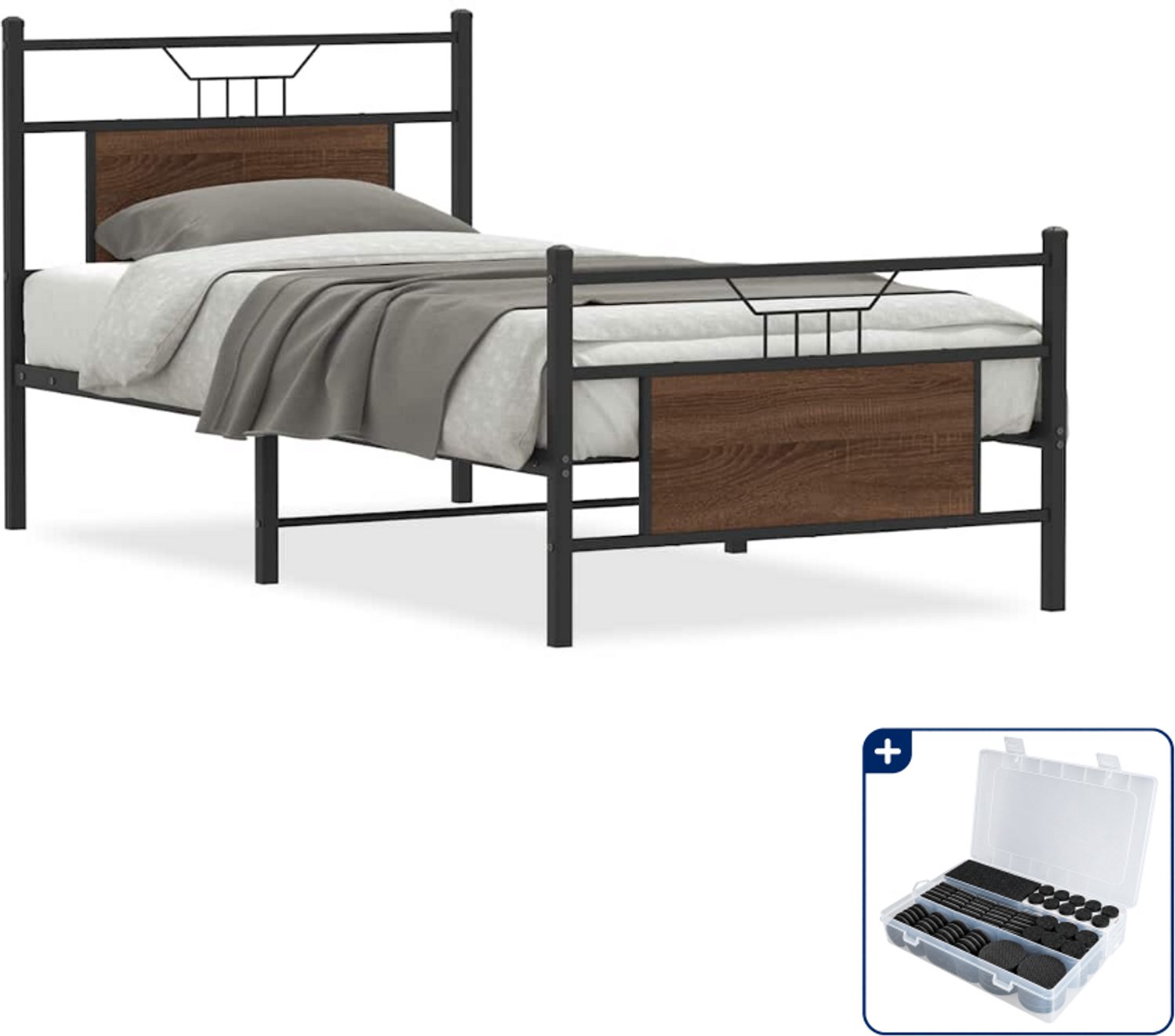 vidaXL bedframe - 80 x 200 cm - bewerkt hout en staal - bruin eiken - Inclusief antikrasvilt 177-delig