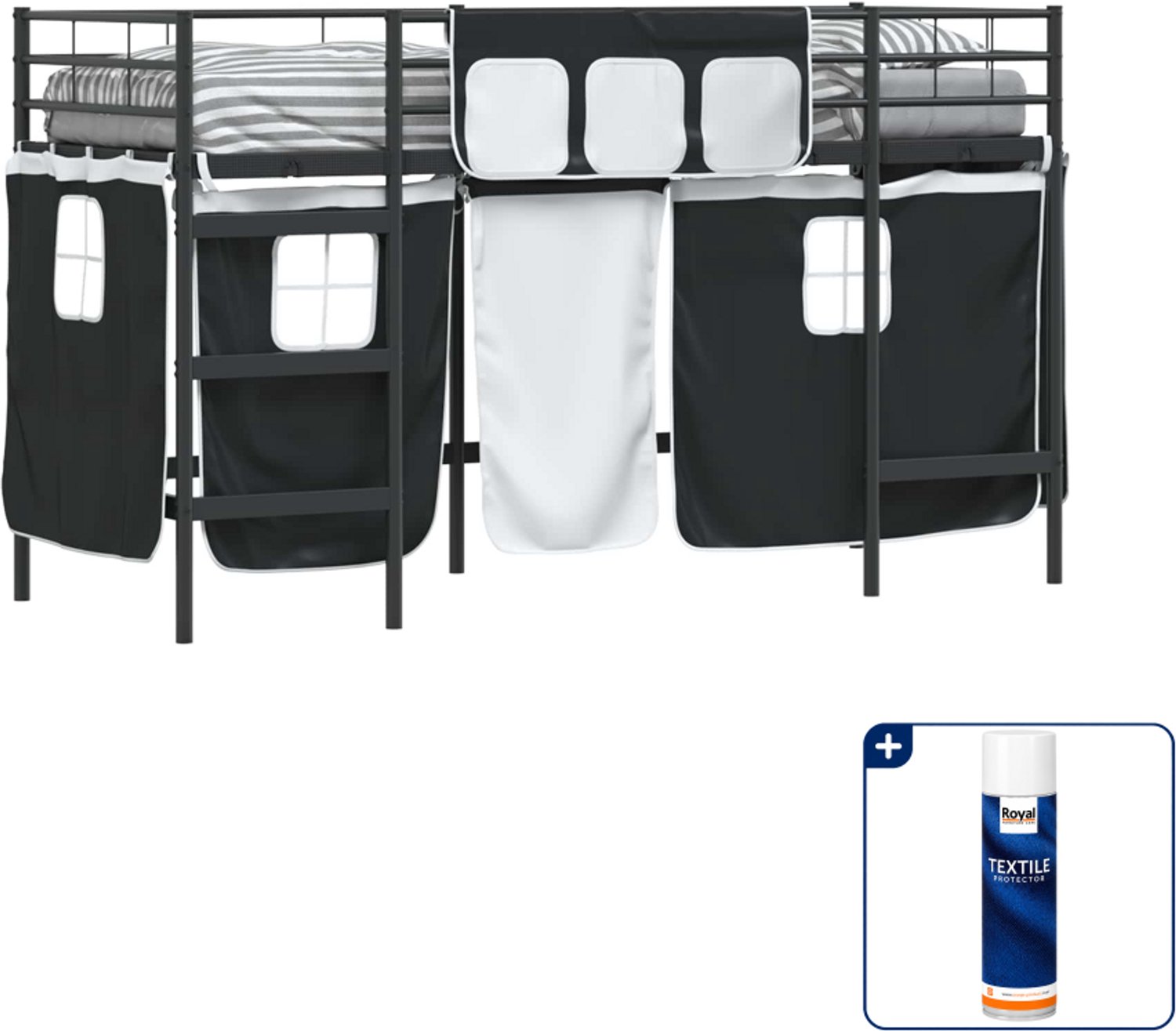 vidaXL kinderhoogslaper met gordijnen - 90 x 190 cm - metaal - zwart - Inclusief textielbeschermer 500 ml