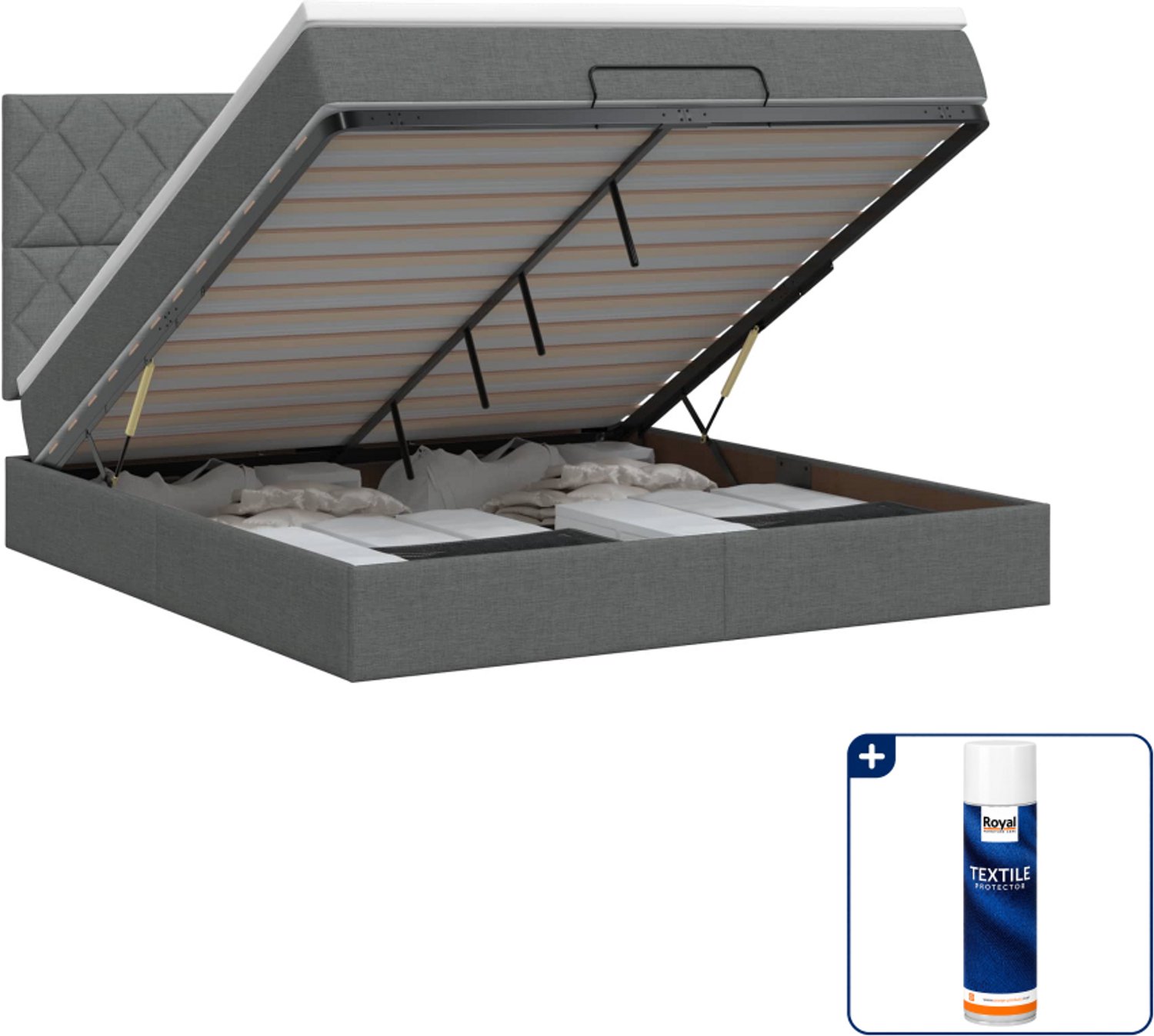vidaXL Queensize ottoman bed met matras - 160 x 200 cm - stof - donkergrijs - Inclusief textielbeschermer 500 ml Donker Grijn