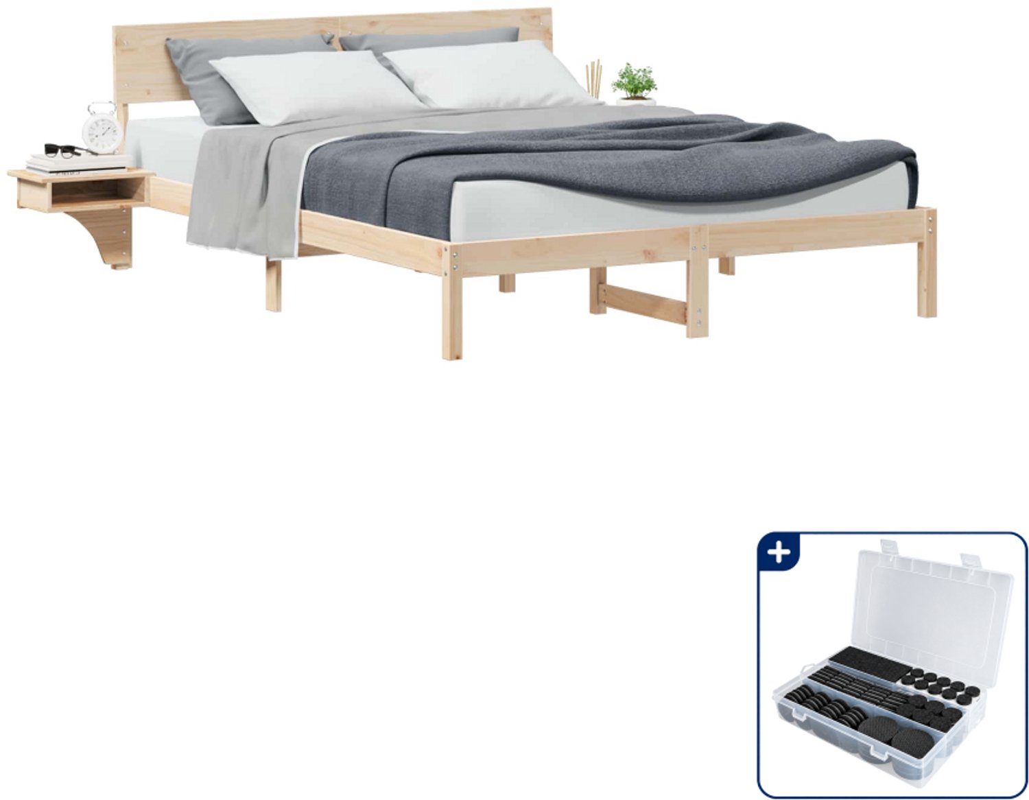 vidaXL Bedframe met hoofdeinde - 150 x 200 cm - massief grenenhout - bruin - Inclusief antikrasvilt 177-delig