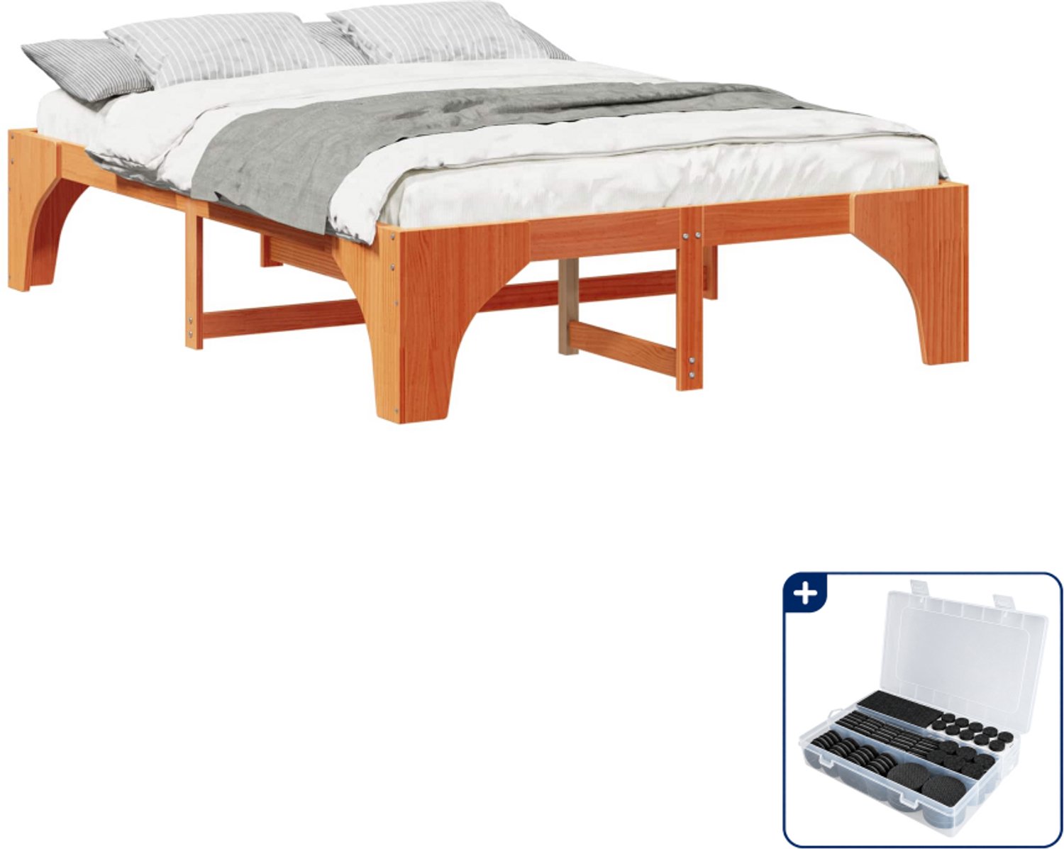 vidaXL Bedframe Queensize - 160 x 200 cm - massief grenenhout - bruin - Inclusief antikrasvilt 177-delig