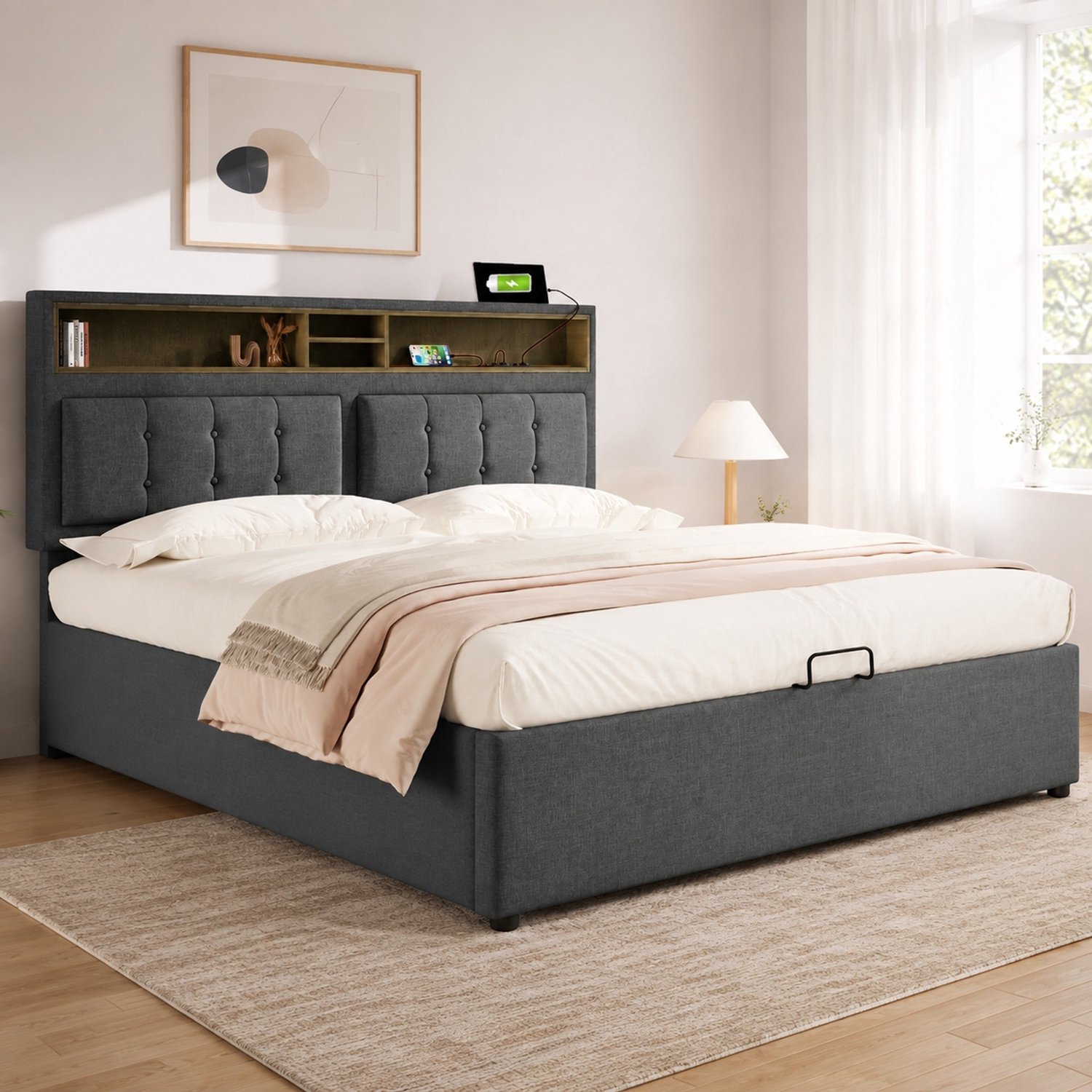 Maisentiel Gestoffeerd tweepersoonsbed 140 x 200 cm - opbergruimte, verstelbaar hoofdbord - grijs