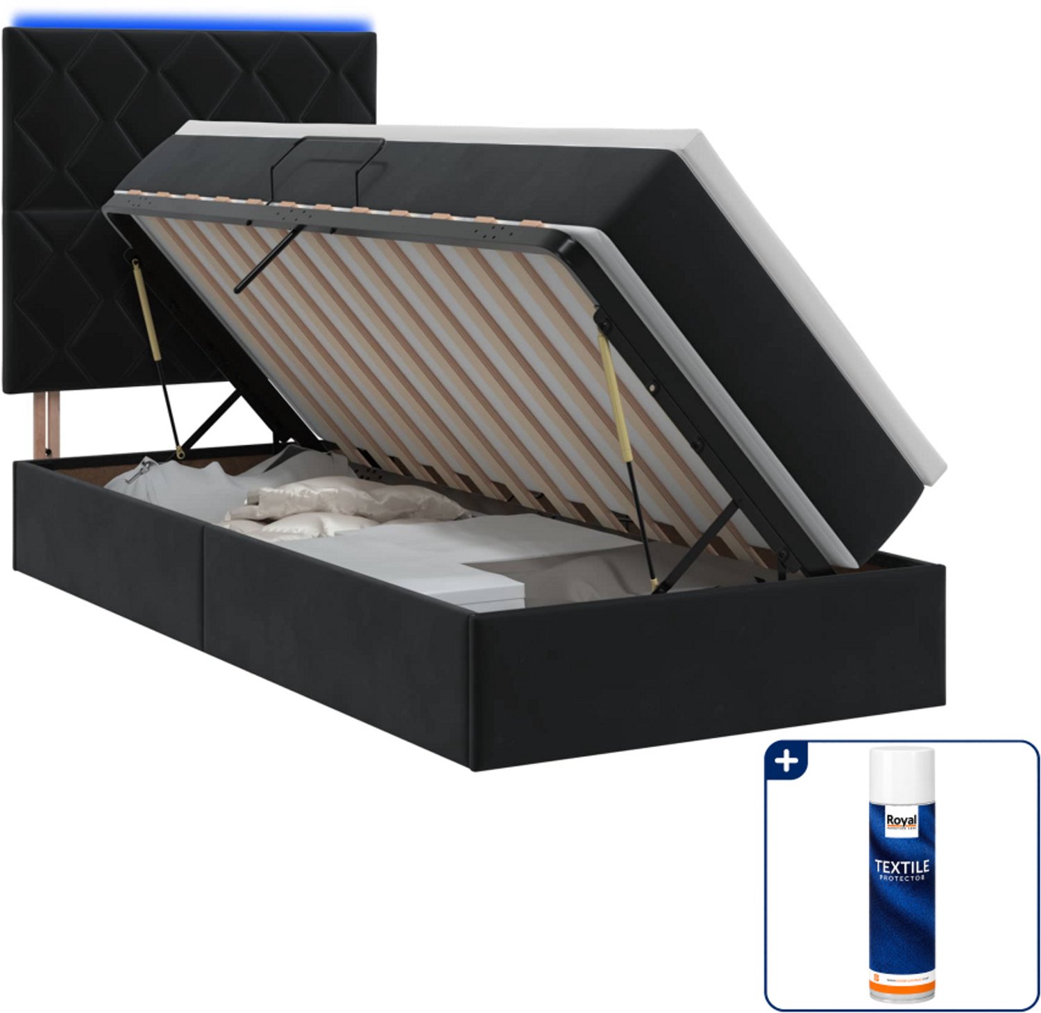 vidaXL led-opslagbed met matras - 90 x 190 cm - fluweel - zwart - Inclusief textielbeschermer 500 ml