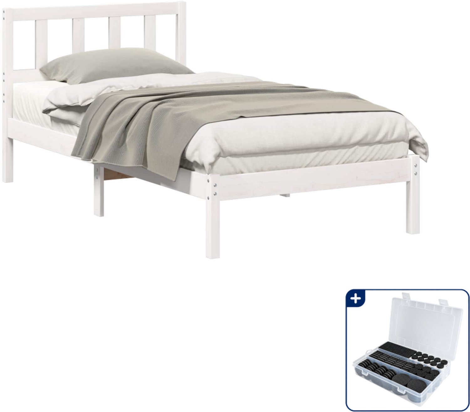 vidaXL bedframe met hoofdeinde - 90 x 200 cm - massief grenenhout - wit - Inclusief antikrasvilt 177-delig