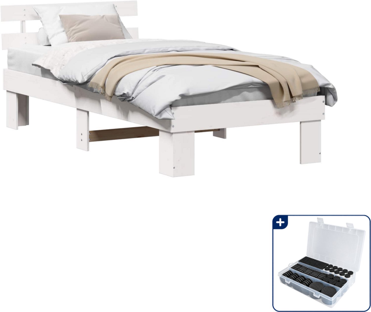 vidaXL bedframe met hoofdeinde - 75 x 190 cm - massief grenenhout - wit - Inclusief antikrasvilt 177-delig