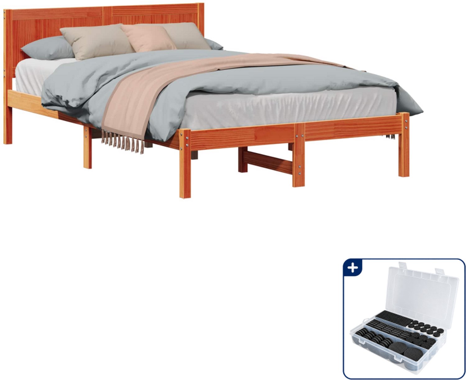vidaXL Bedframe - 140 x 190 cm - massief grenenhout - bruin - Inclusief antikrasvilt 177-delig