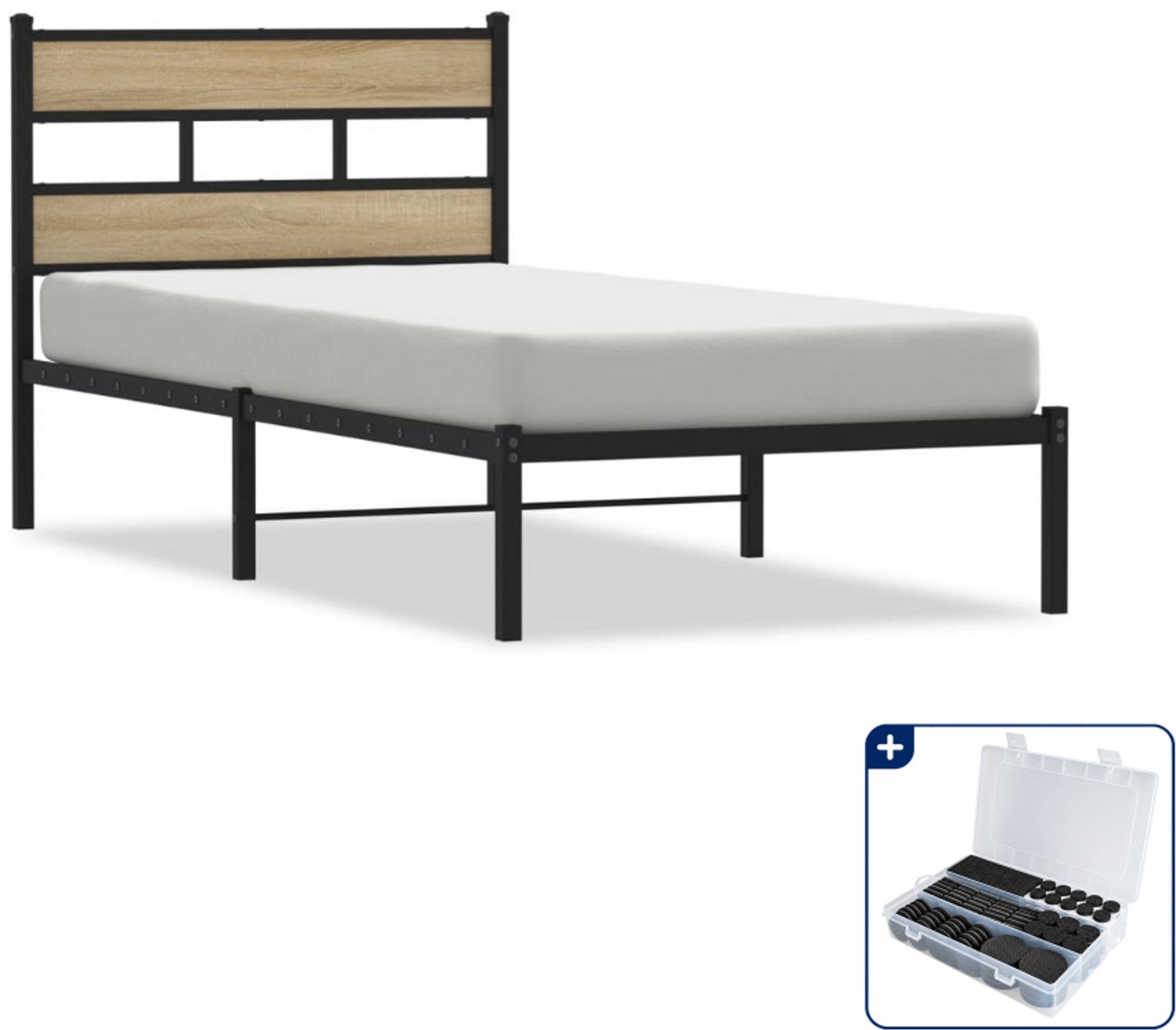 vidaXL Bedframe - 107 x 203 cm - zwart en sonoma eiken - Inclusief antikrasvilt 177-delig Bruin
