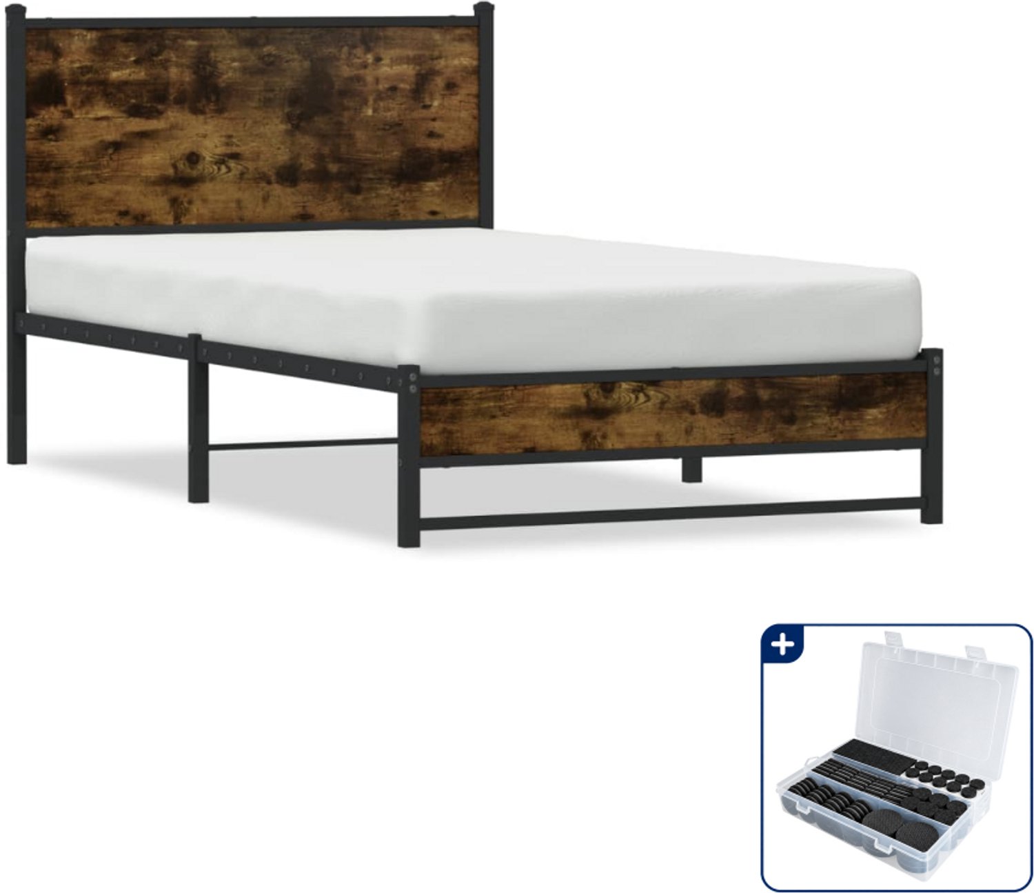 vidaXL bedframe - 107 x 203 cm - staal en bewerkt hout - gerookt eiken - Inclusief antikrasvilt 177-delig Bruin