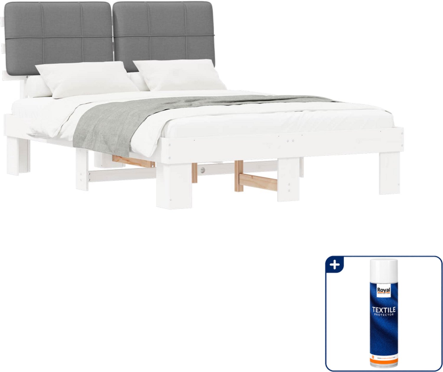 vidaXL bedframe - 120 x 190 cm - massief grenenhout - wit en lichtgrijs - Inclusief textielbeschermer 500 ml