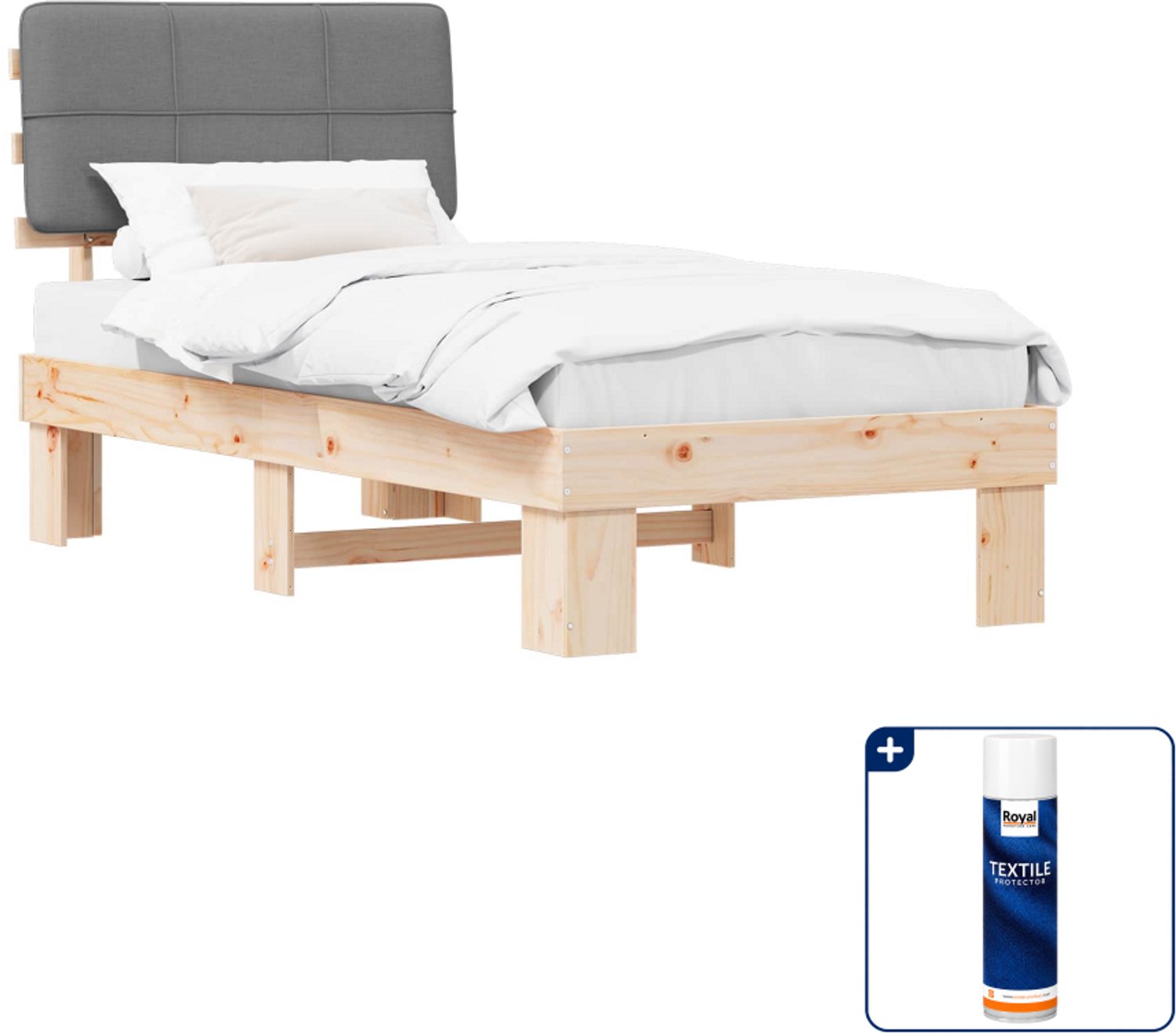 vidaXL bedframe - 75 x 190 cm - massief grenenhout - naturel/lichtgrijs - Inclusief textielbeschermer 500 ml