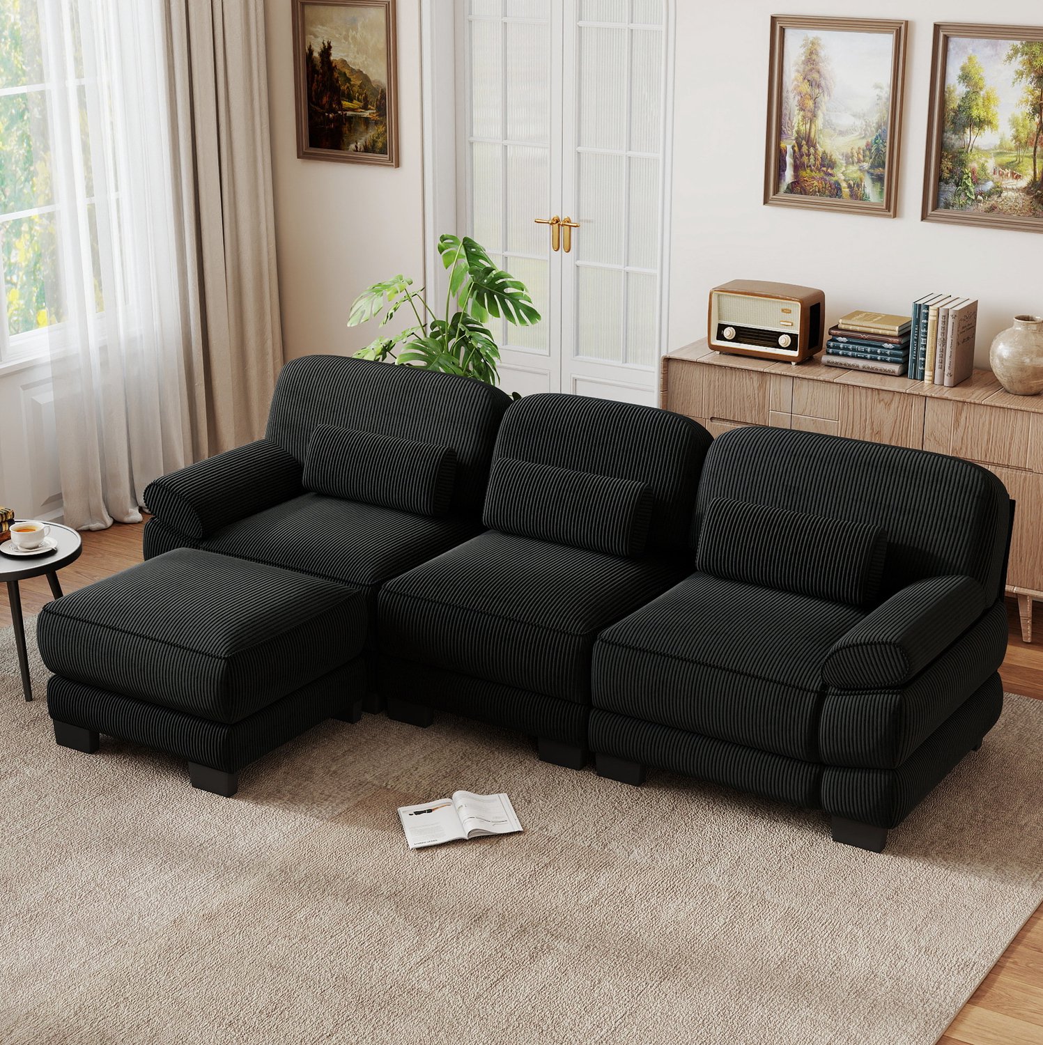OKWISH Hoekbank 265 x 161 x 94 cm - 3-Zits Modulair met Voetenbank en Lendenkussen - Voor Woonkamer - Ribstof - Zwart