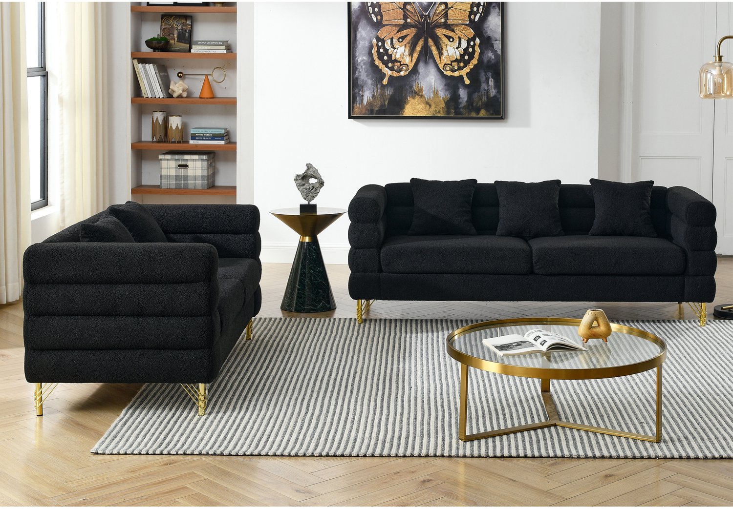 STILVORA Bankenset - Tweezitsbank en Driezitsbank - Wolkvormige Rugleuning en Gouden Metalen Poten - Voor de Woonkamer - Pluche - Zwart