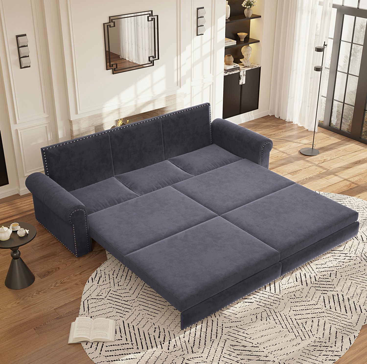 STILVORA Slaapbank 238 cm - Uitschuifbare 3-Zits Met Rolarmleuningen En Slaapfunctie - Voor Woonkamer En Logeerkamer - Fluweel - Grijs