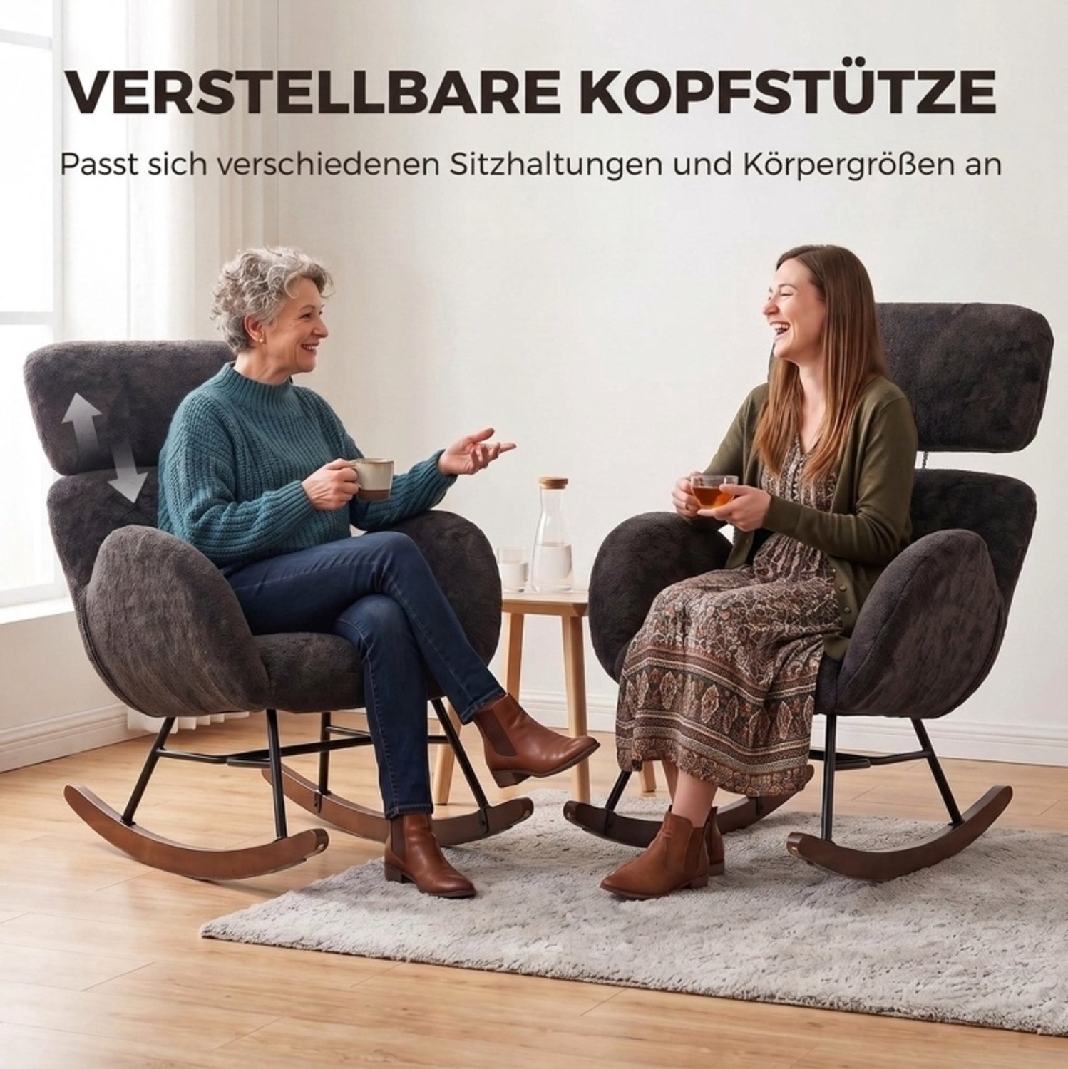 MODENUIT Schommelstoel 71 x 90 x 100 cm - Verstelbare Hoofdsteun - Woonkamer - Fluweel En Hout - Donkergrijs