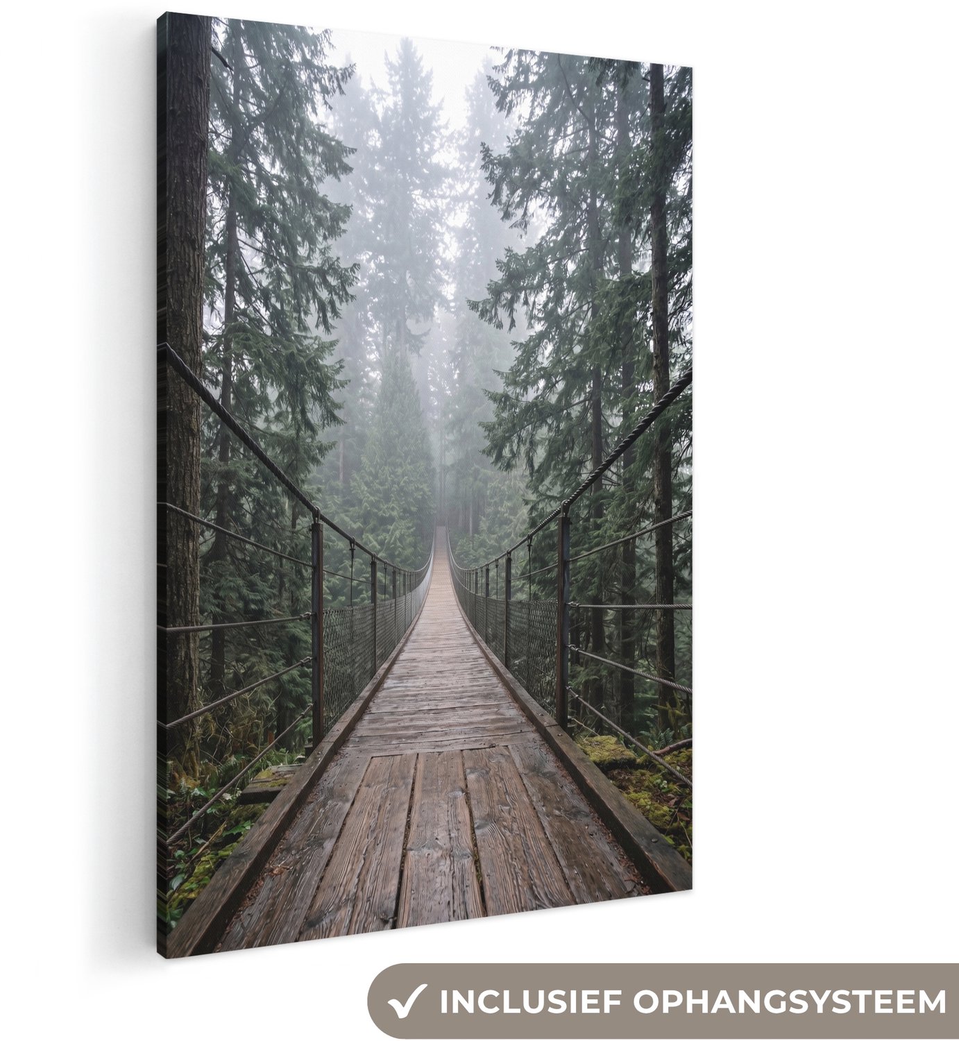 Canvas schilderij 120x180 cm - Exclusieve wanddecoratie Brug - Bos - Mist - Natuur - Muurdecoratie woonkamer - Slaapkamer decoratie - Kamer accessoires - Schilderijen op canvas groot XXL