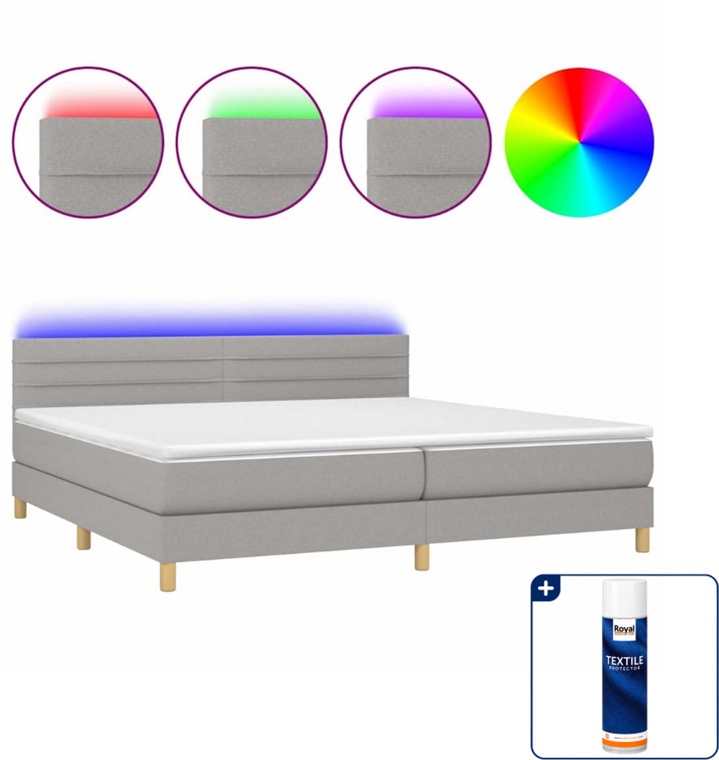 vidaXL boxspring met matras en led - Super kingsize - lichtgrijs - Inclusief textielbeschermer 500 ml