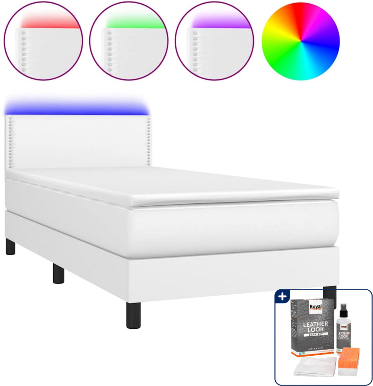 vidaXL boxspring met matras en led - 100 x 200 cm - kunstleer - wit - Inclusief onderhoudsset voor kunstleer 150 ml