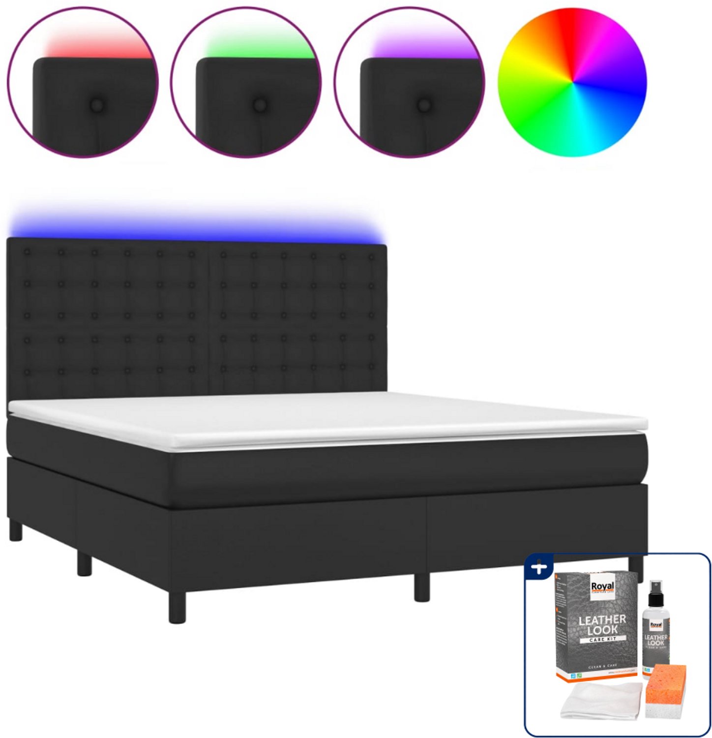vidaXL Boxspring Kingsize - 180 x 200 cm - kunstleer - zwart - Inclusief onderhoudsset voor kunstleer 150 ml