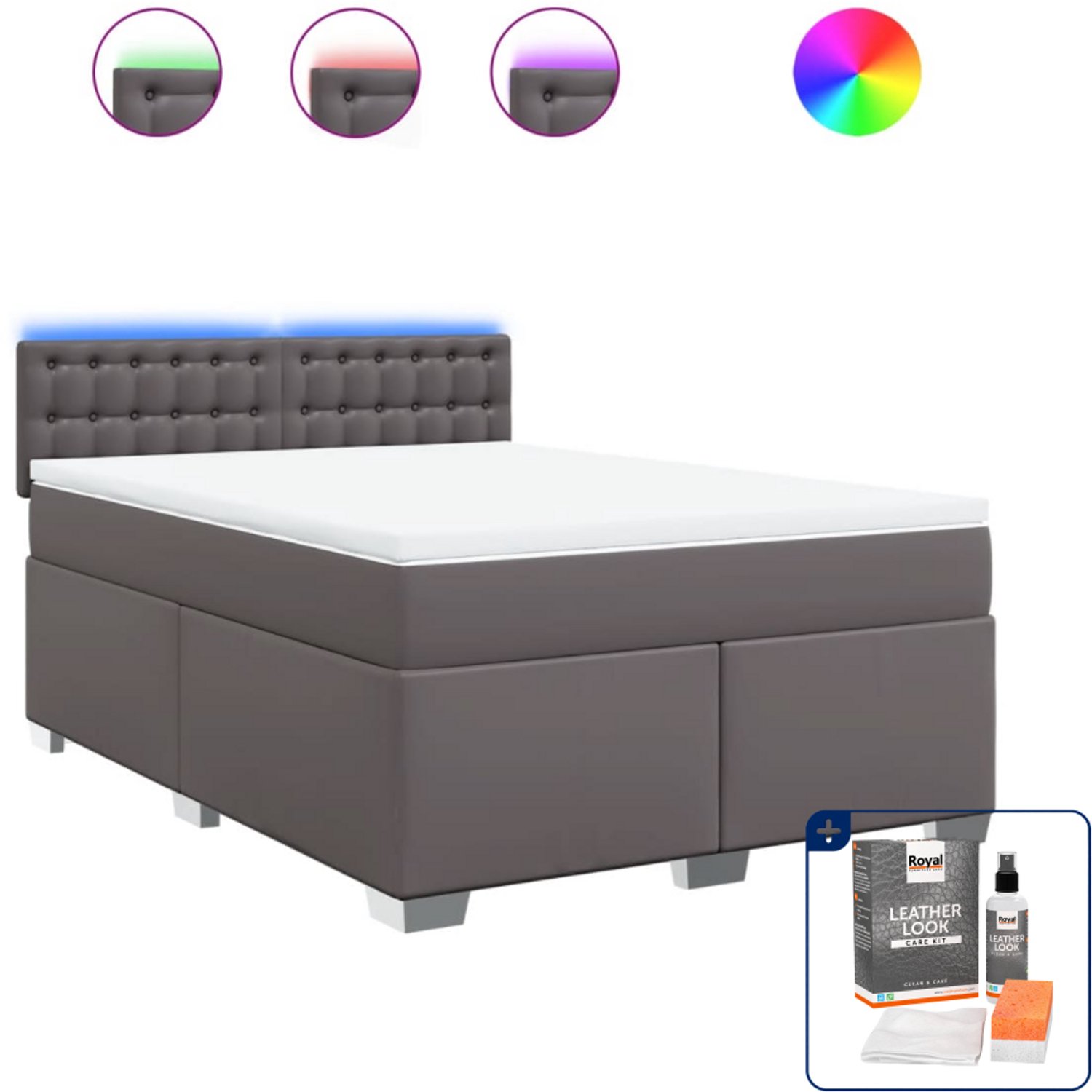 vidaXL boxspring - Queensize - 160 x 200 cm - kunstleer - grijs - Inclusief onderhoudsset voor kunstleer 150 ml
