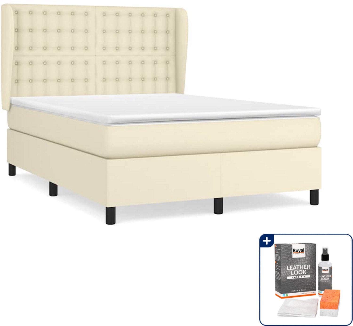 vidaXL boxspring met matras 140 x 190 cm - kunstleer - crème - Inclusief onderhoudsset voor kunstleer 150 ml