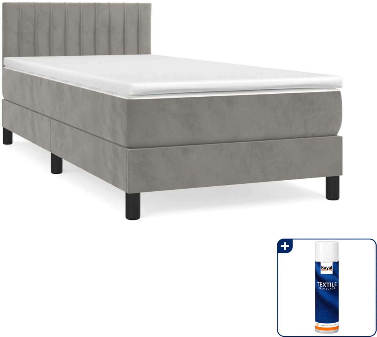 vidaXL boxspring met matras - 90 x 200 cm - fluweel - lichtgrijs - Inclusief textielbeschermer 500 ml
