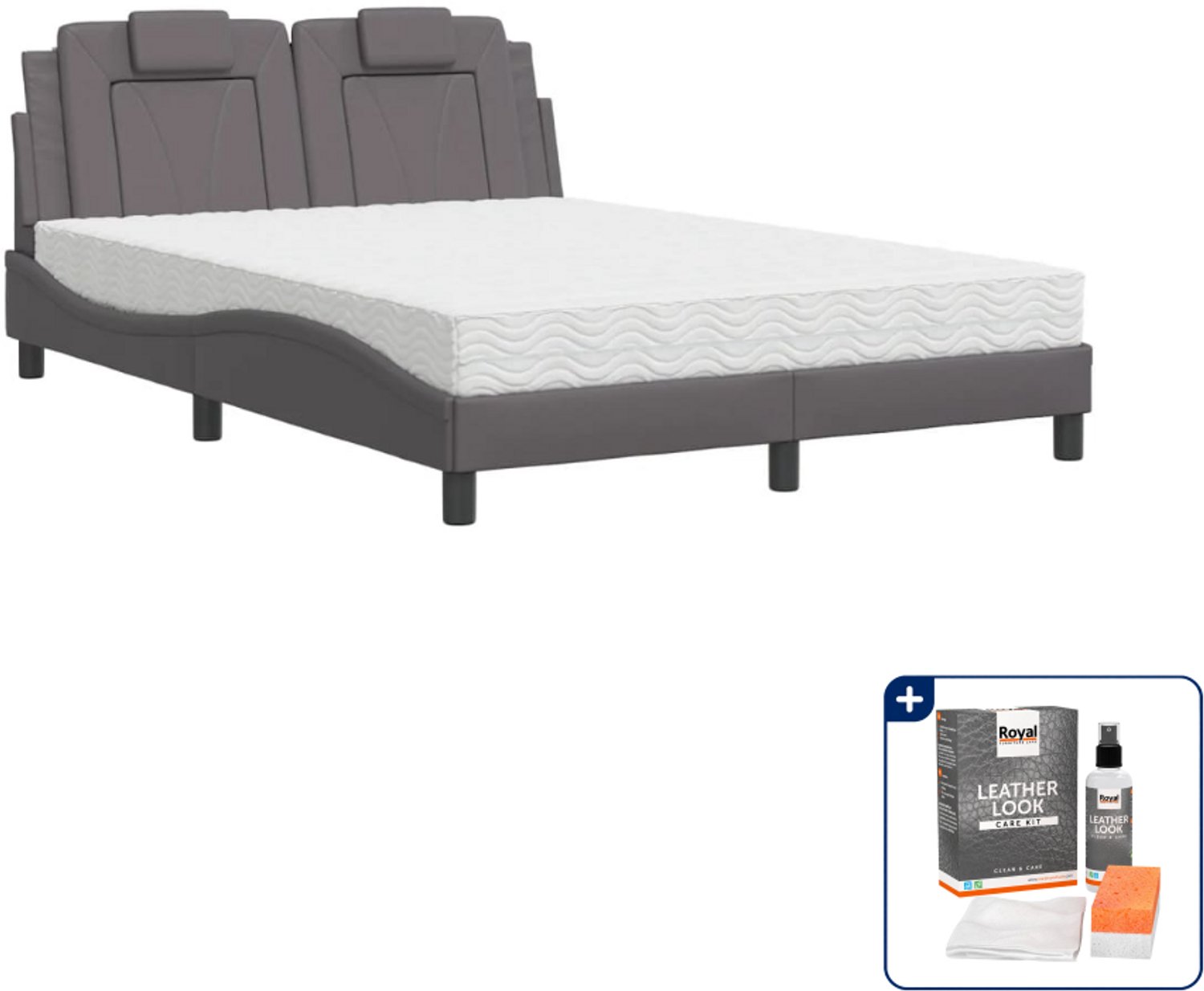 vidaXL Bed Viana met matras - 140 x 190 cm - kunstleer - grijs - Inclusief onderhoudsset voor kunstleer 150 ml