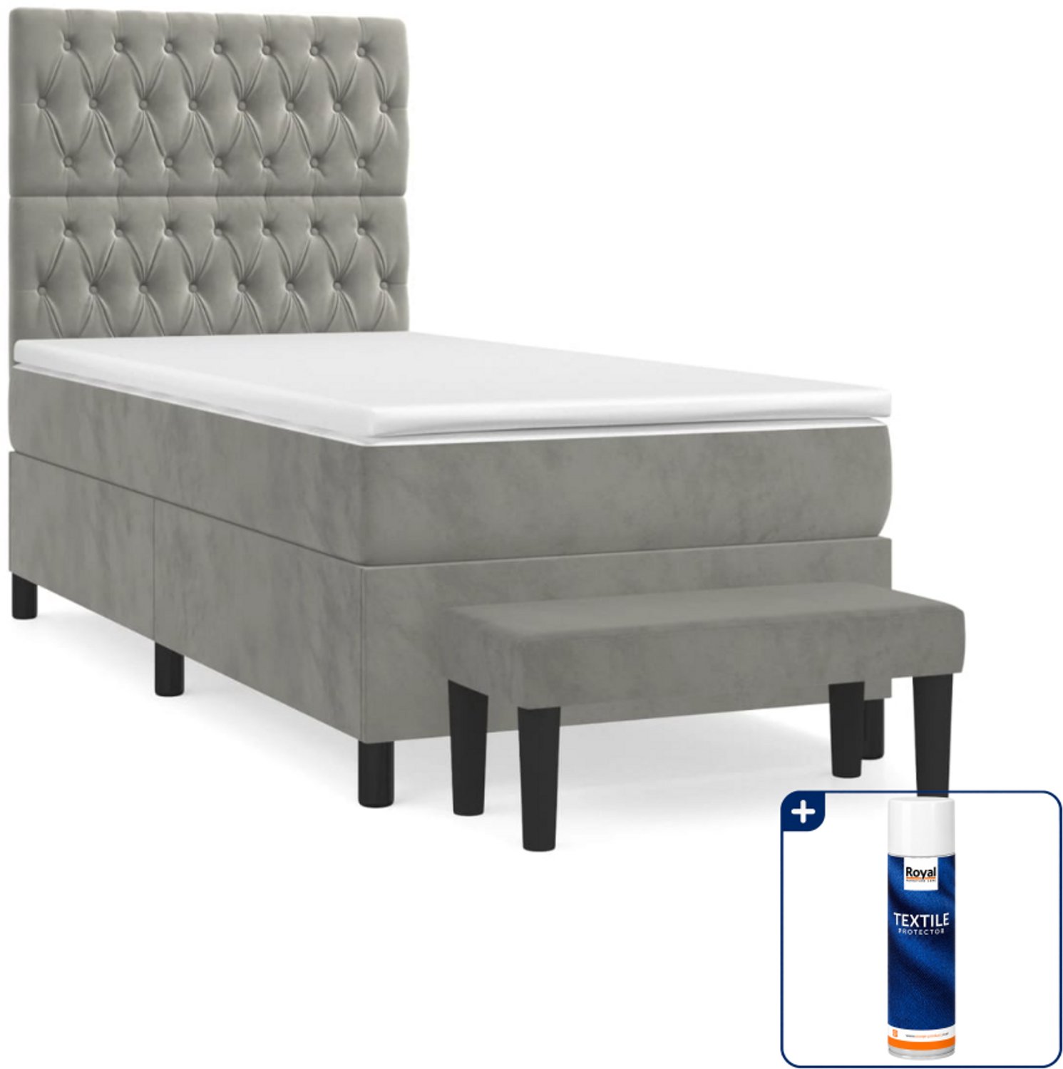 vidaXL boxspring met matras en bankje - 90 x 190 cm - fluweel - lichtgrijs - Inclusief textielbeschermer 500 ml