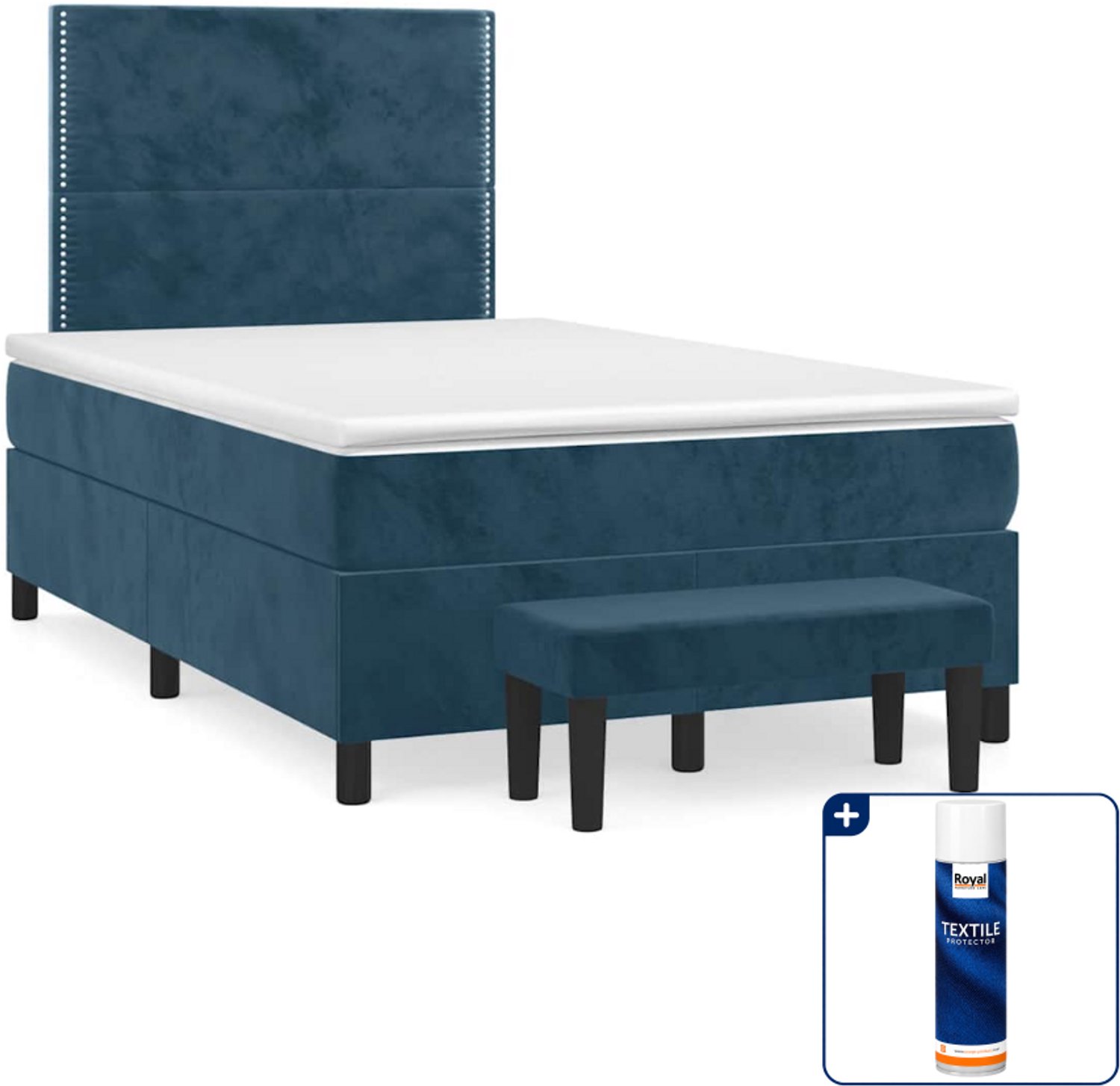 vidaXL boxspring met matras en bankje - 120 x 200 cm - fluweel - donkerblauw - Inclusief textielbeschermer 500 ml