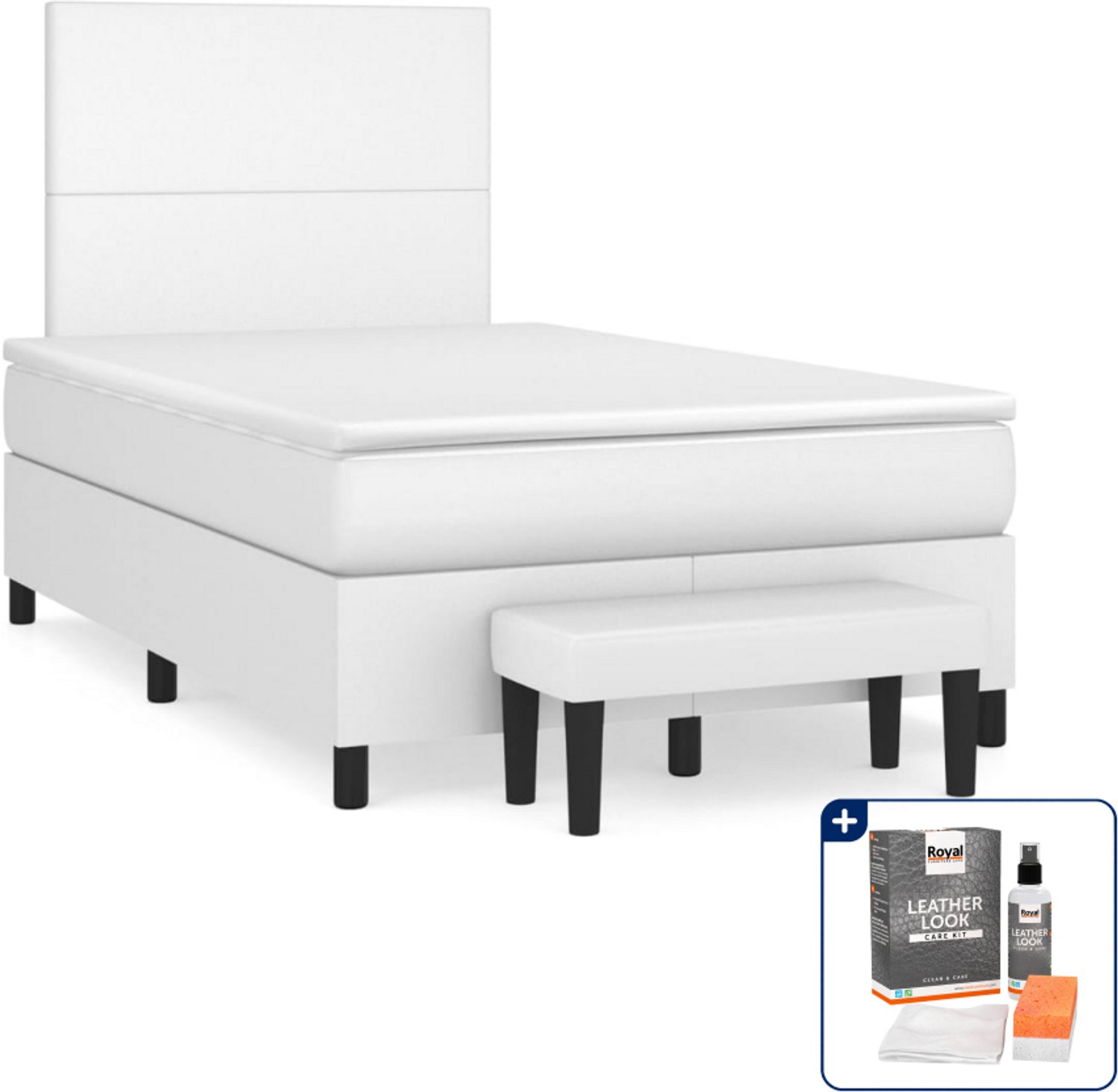 vidaXL boxspring met matras en bankje - 120 x 200 cm - wit - Inclusief onderhoudsset voor kunstleer 150 ml