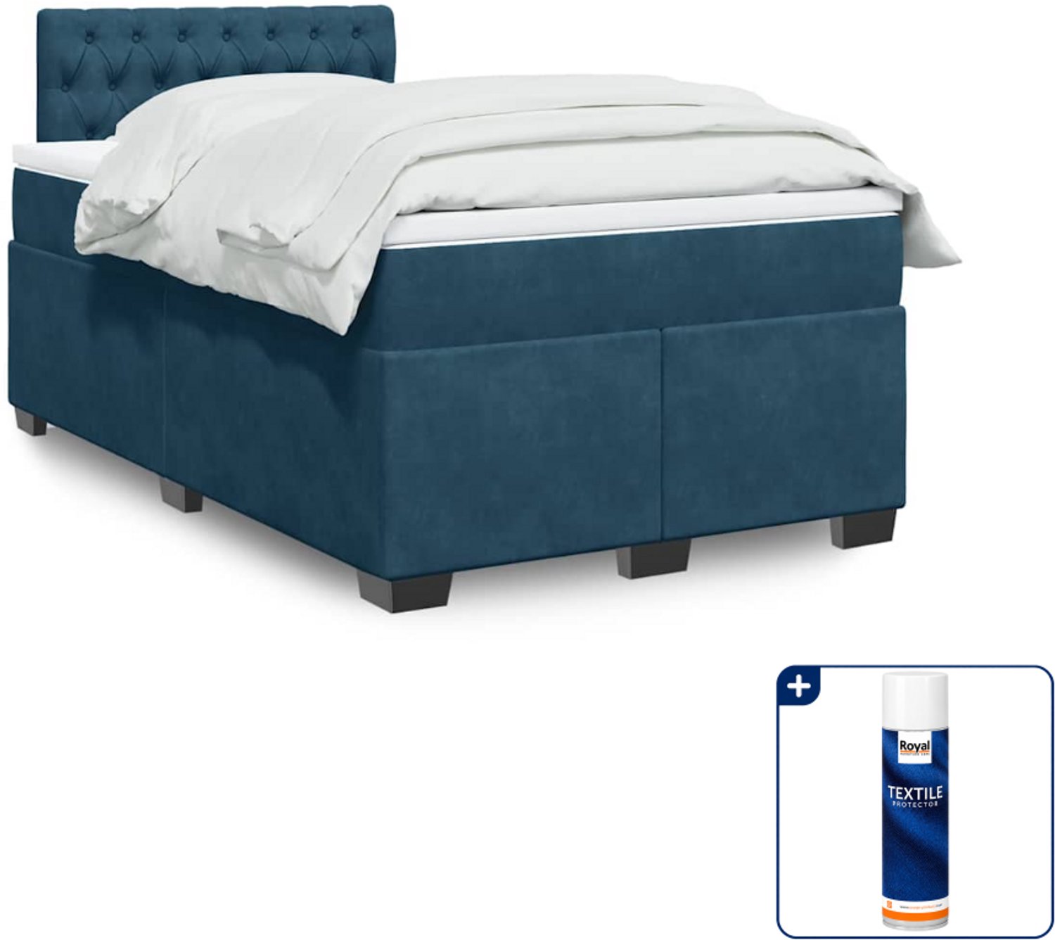 vidaXL boxspring met matras 120 x 190 cm - fluweel - donkerblauw - Inclusief textielbeschermer 500 ml
