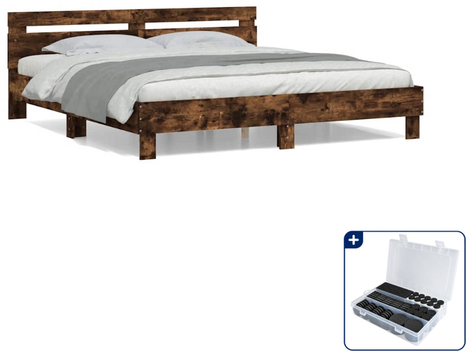 vidaXL Kingsize bedframe 180 x 200 cm - bewerkt hout - gerookt eiken - Inclusief antikrasvilt 177-delig