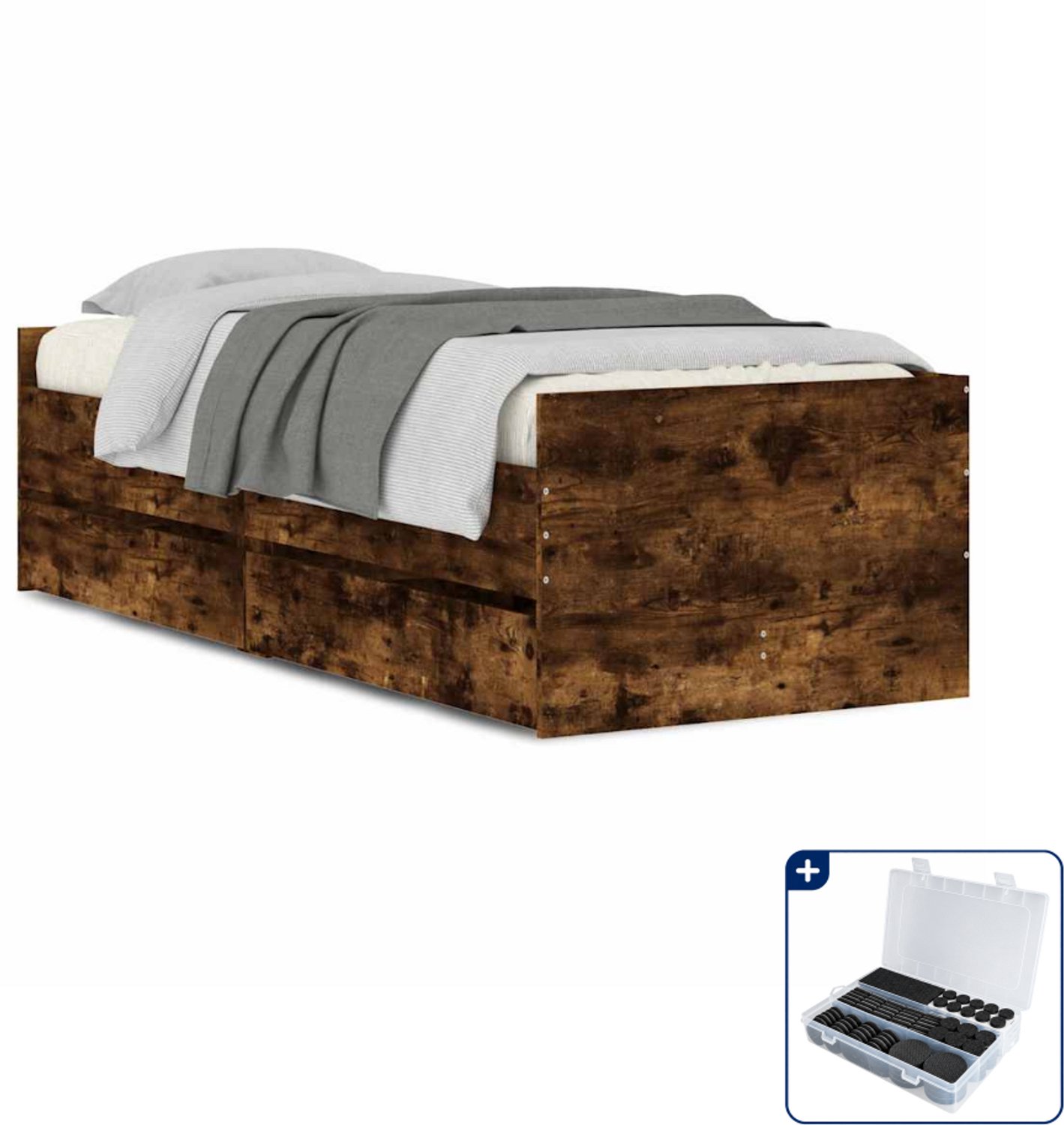 vidaXL bedframe - 100 x 200 cm - bewerkt hout - gerookt eiken - Inclusief antikrasvilt 177-delig Crème