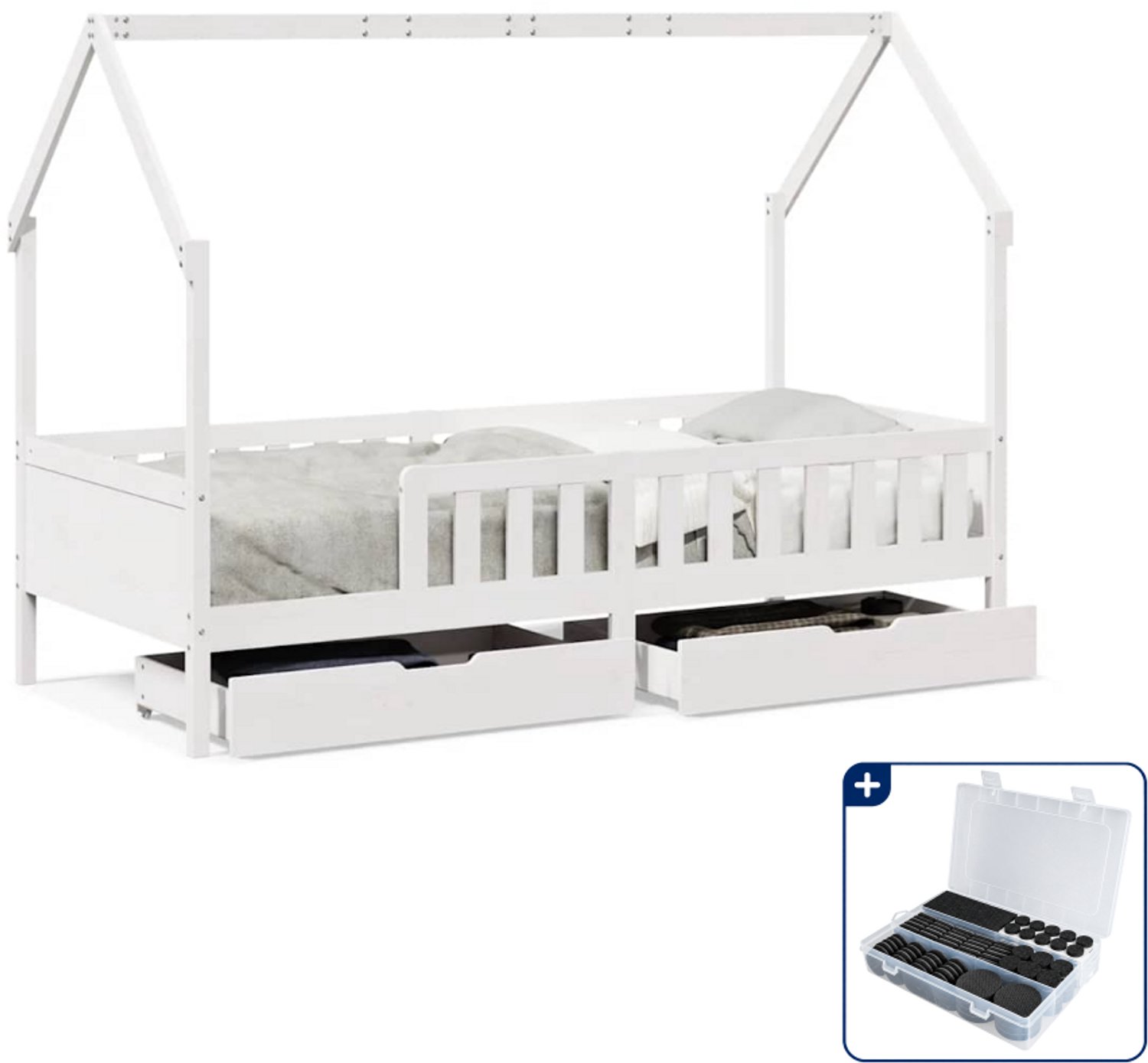 vidaXL kinderbed met 2 lades - 90 x 190 cm - massief grenenhout - wit - Inclusief antikrasvilt 177-delig Bruin