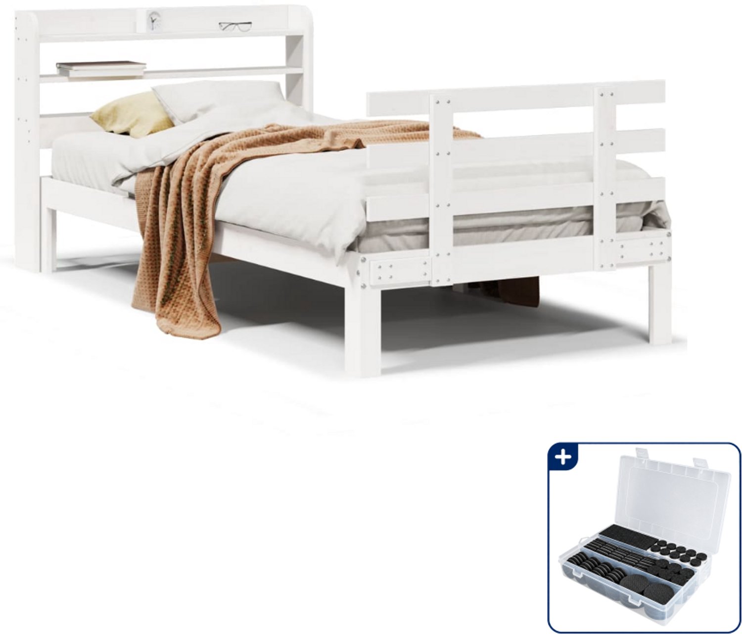 vidaXL bedframe met hoofdeinde - 90 x 200 cm - massief grenenhout - wit - Inclusief antikrasvilt 177-delig