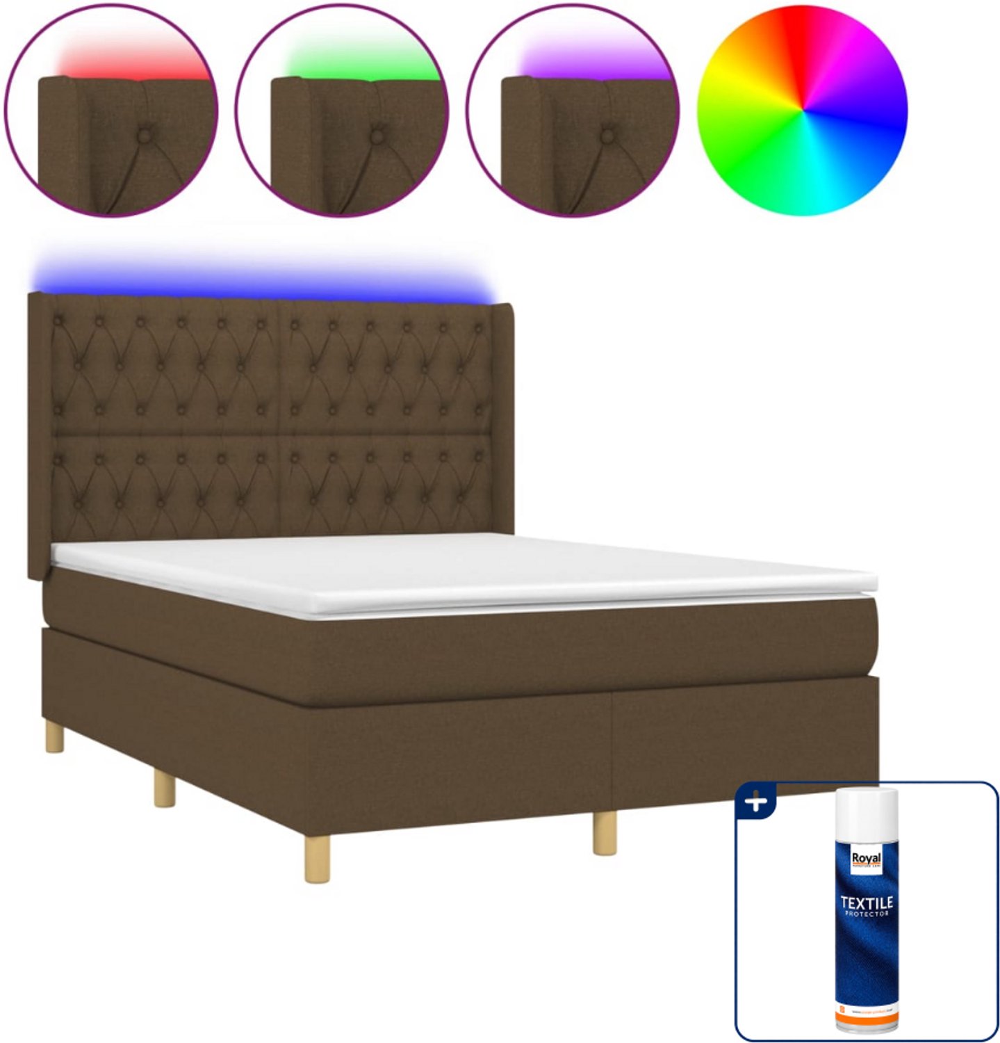 vidaXL boxspring met matras en LED - Small double - donkerbruin - Inclusief textielbeschermer 500 ml