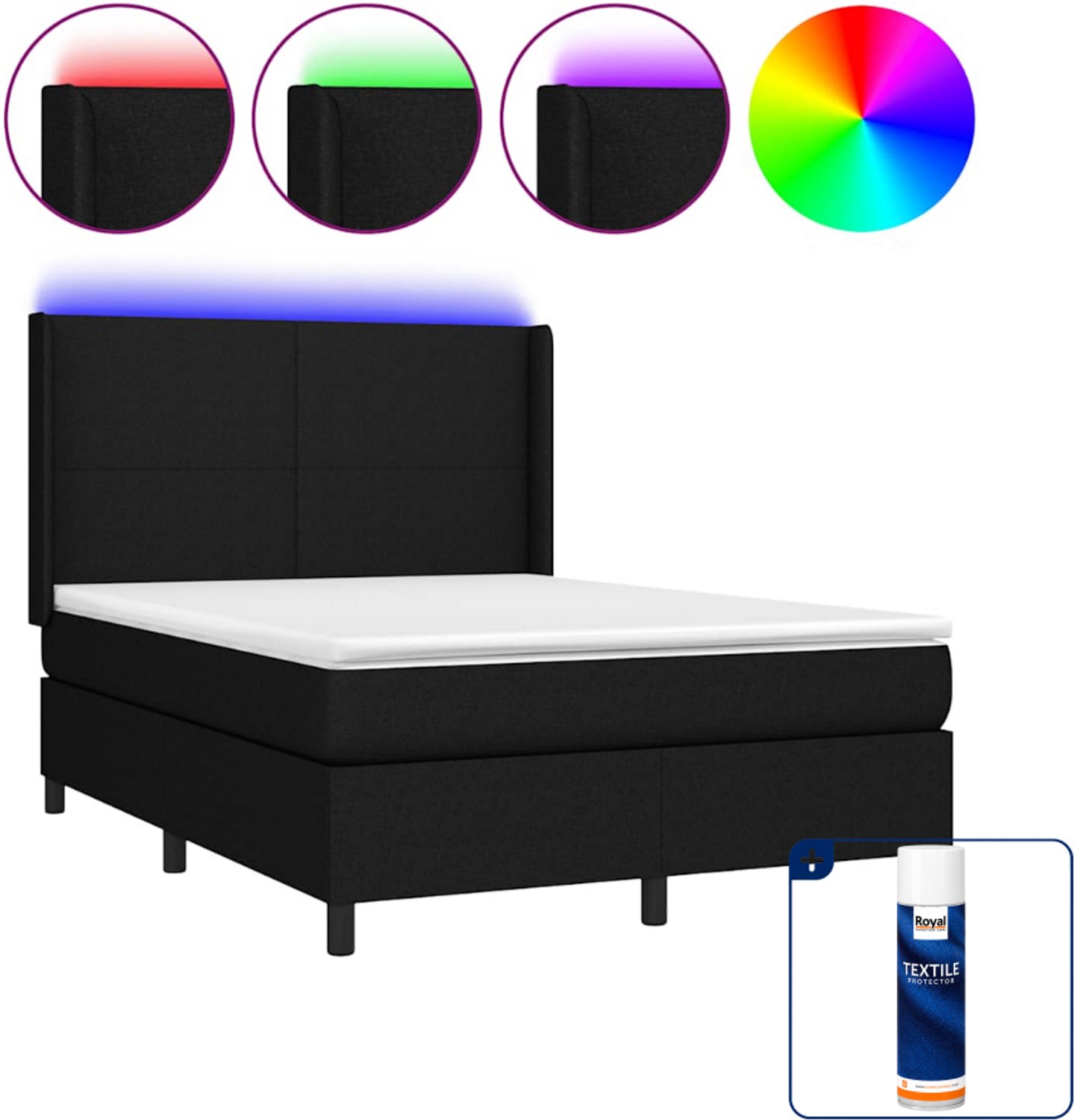 vidaXL Boxspring met matras en LED - Small double - 140x200 cm - zwart - Inclusief textielbeschermer 500 ml