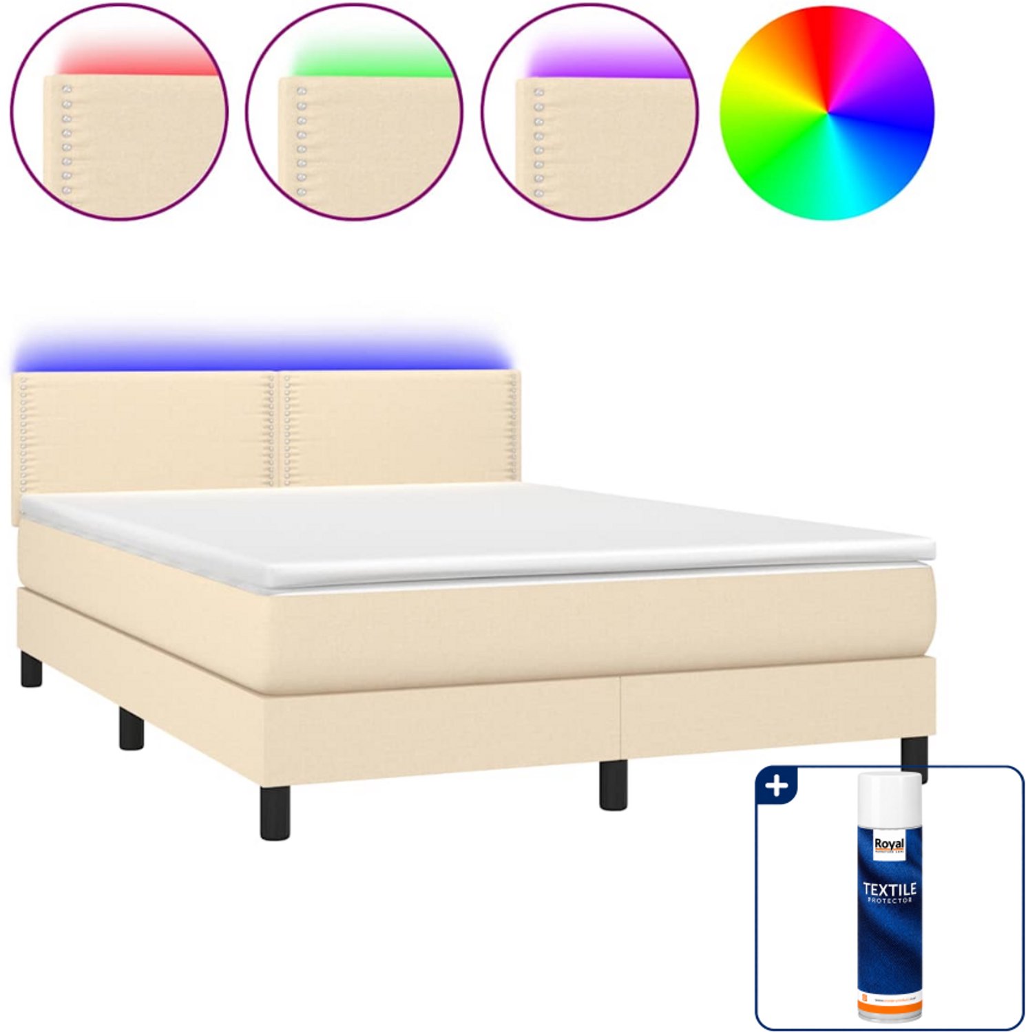 vidaXL boxspring met matras en led - 140 x 190 cm - crèmekleurig - Inclusief textielbeschermer 500 ml